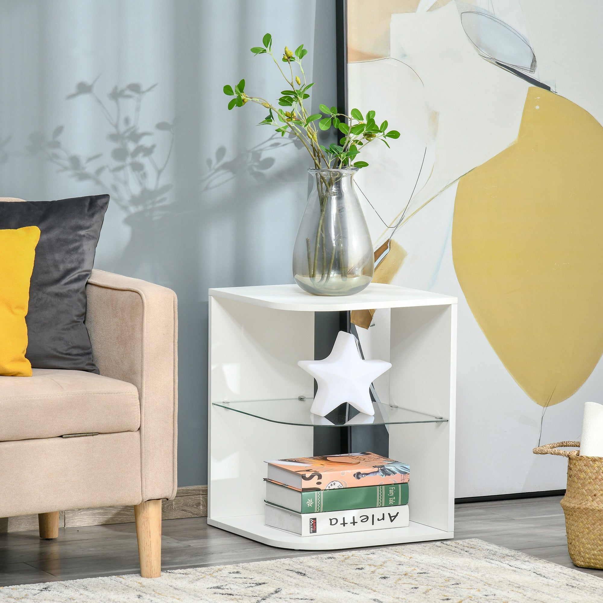 HOMCOM Modern Side Table Three Layer Bedside Table Nightstand with 2 Storage Shelves, for Living room, Bedroom, White - North Peak Garden Furniture