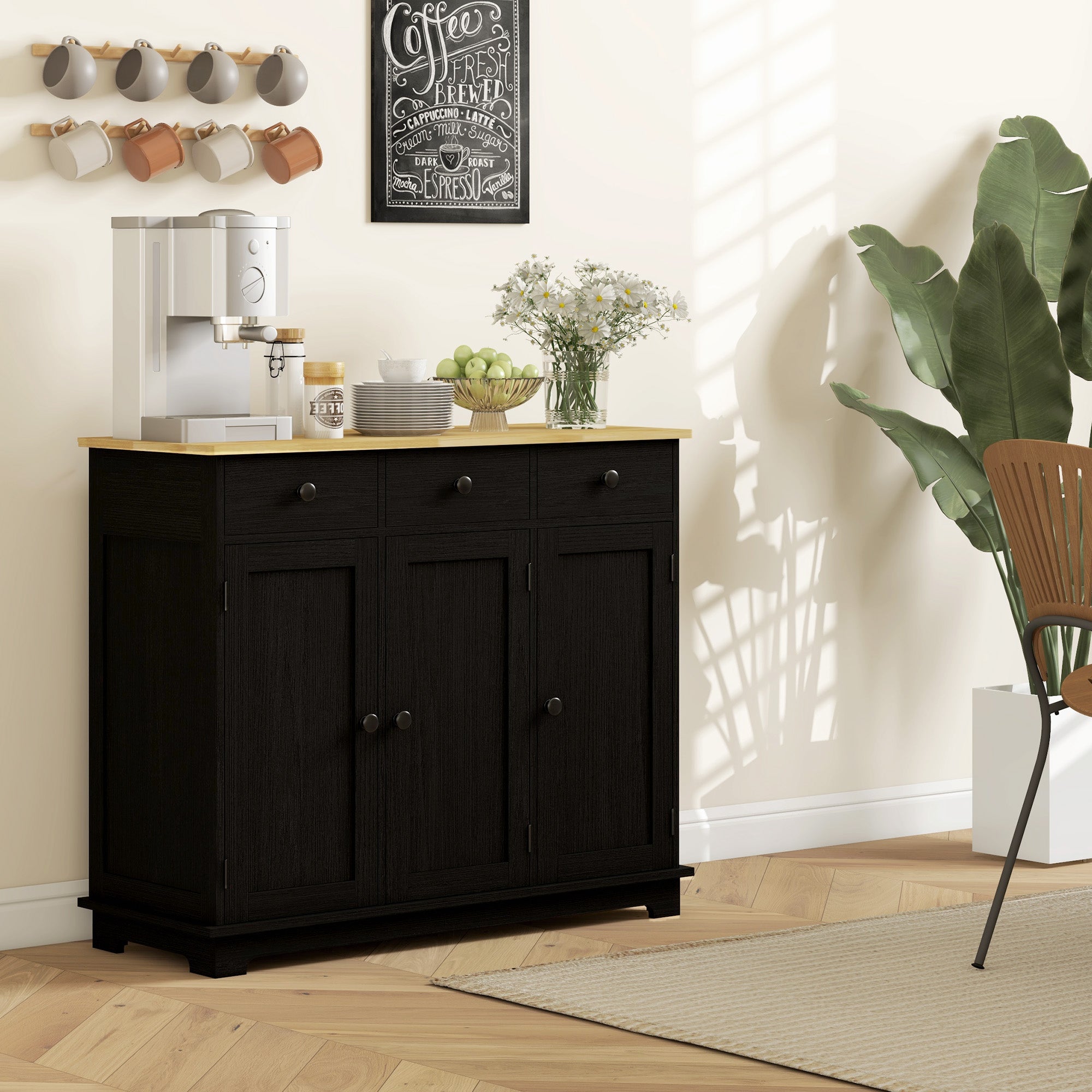 HOMCOM Sideboard with Rubberwood Top and Adjustable Shelves for Dining Room, Kitchen - Black Wood-Effect - North Peak Garden Furniture