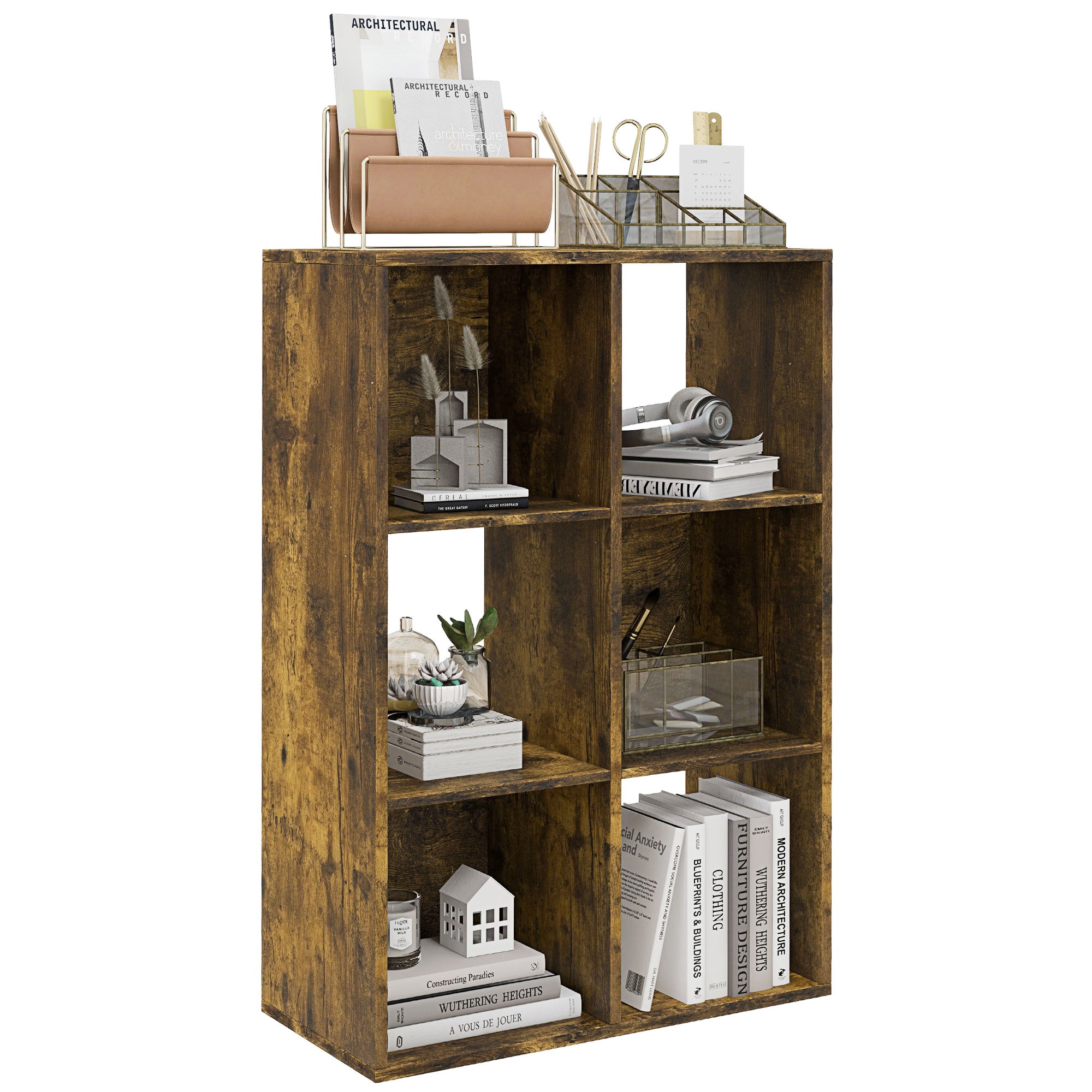 HOMCOM 3-tier 6 Cubes Storage Unit Particle Board Cabinet Bookcase Organiser Home Office Shelves Rustic Brown