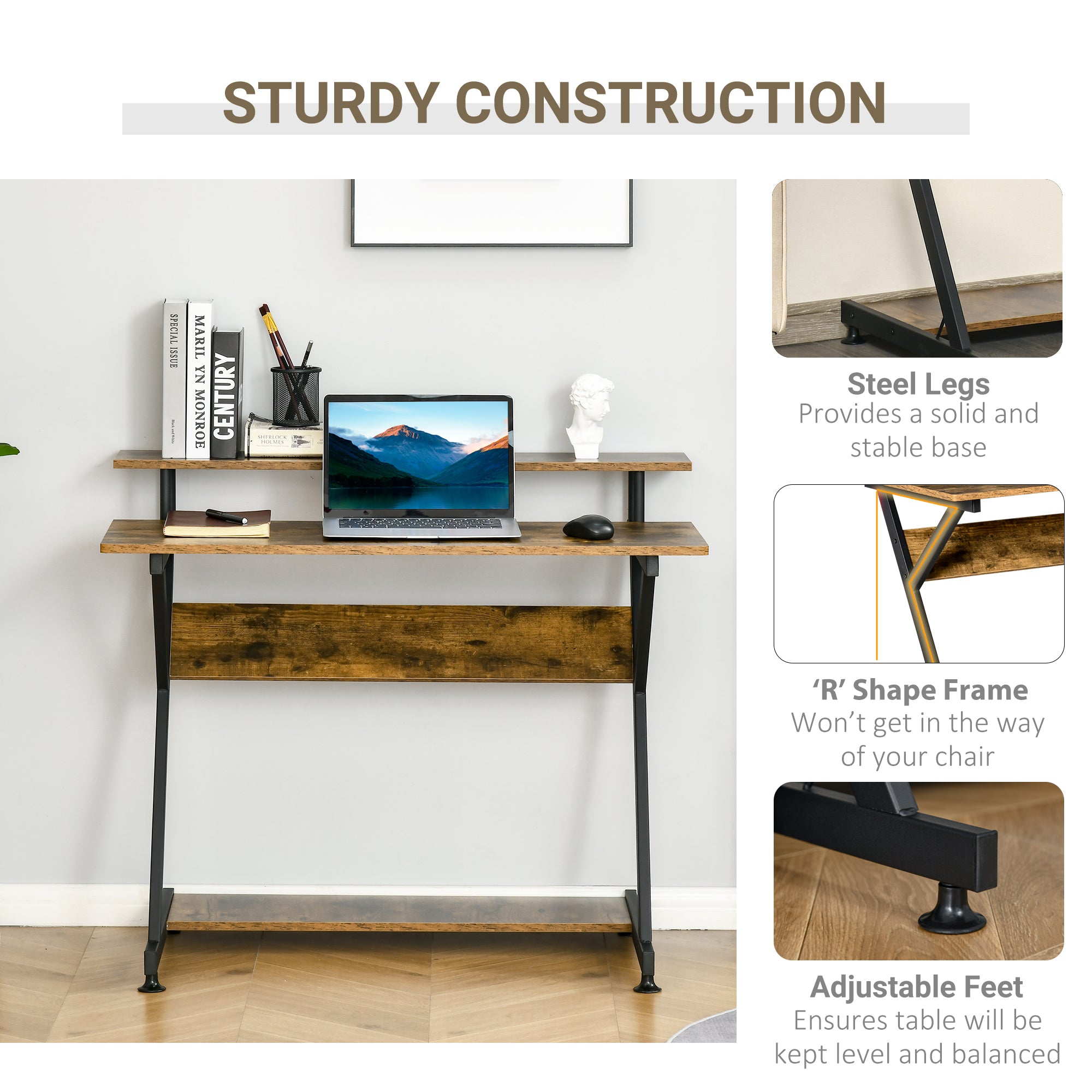 HOMCOM Industrial Computer Desk with Monitor Stand, 100 x 60cm Compact Desk for Small Spaces, Home Office Desk, Rustic Brown - North Peak Garden Furniture