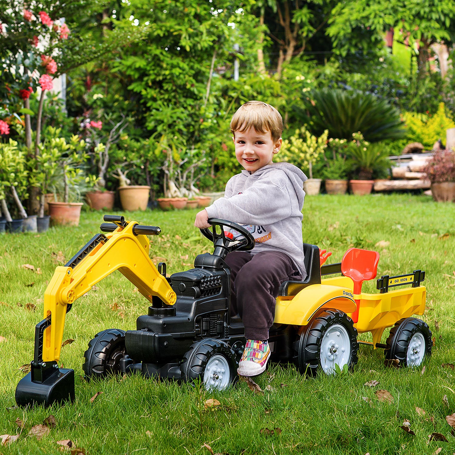 HOMCOM Kids Ride-On Construction Car, with Horn and Detachable Trailer - Yellow - North Peak Garden Furniture