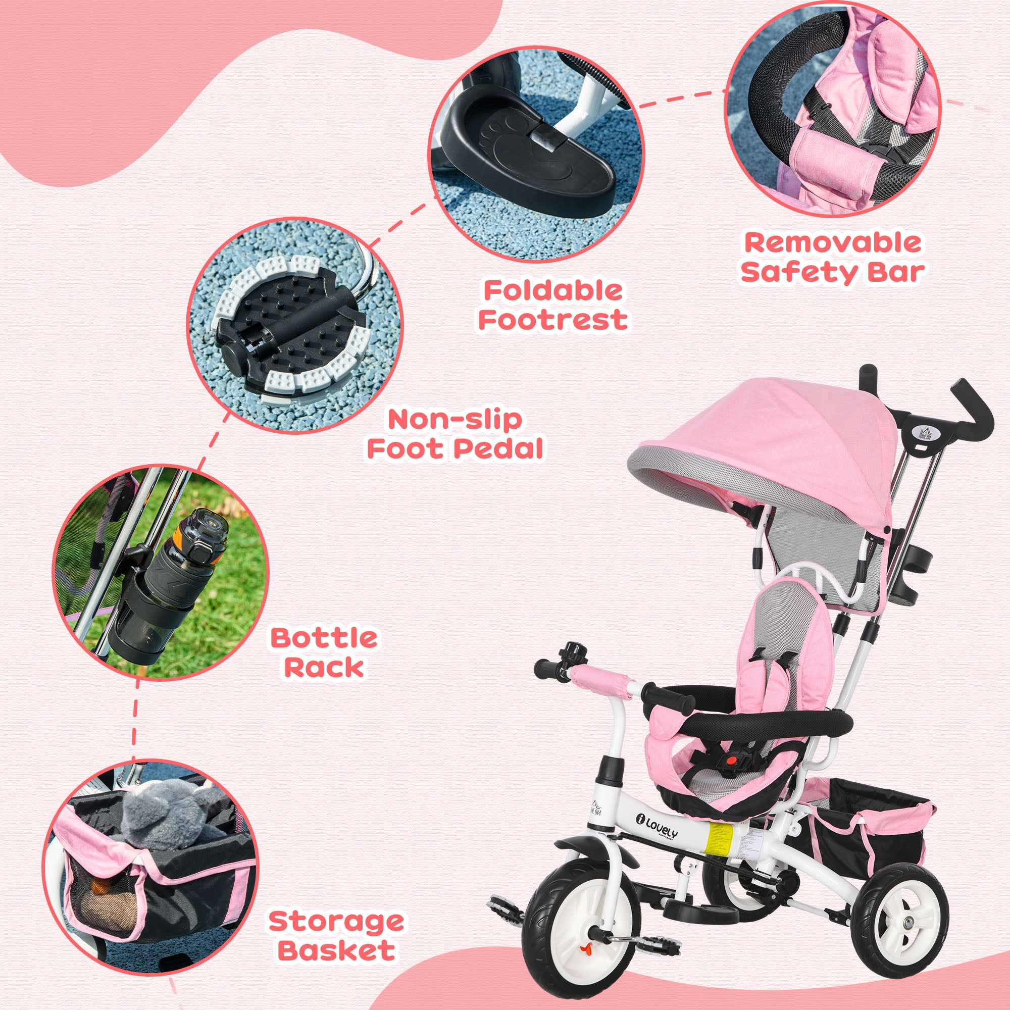 HOMCOM 6 in 1 Kids Trike Push Bike w/ Push Handle, Canopy, 5-point Safety Belt, Storage, Footrest, Brake, for 1-5 Years, Pink