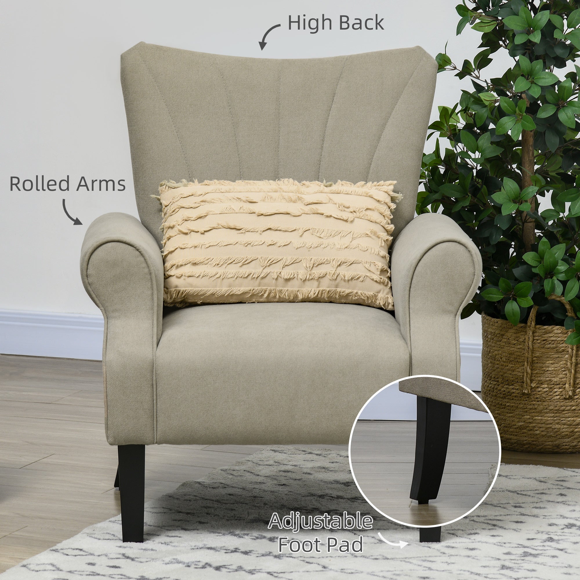 HOMCOM Upholstered Accent Chair with High Back, Rolled Arms and Wood Legs, Soft Thick Padded Armchair, Beige - North Peak Garden Furniture
