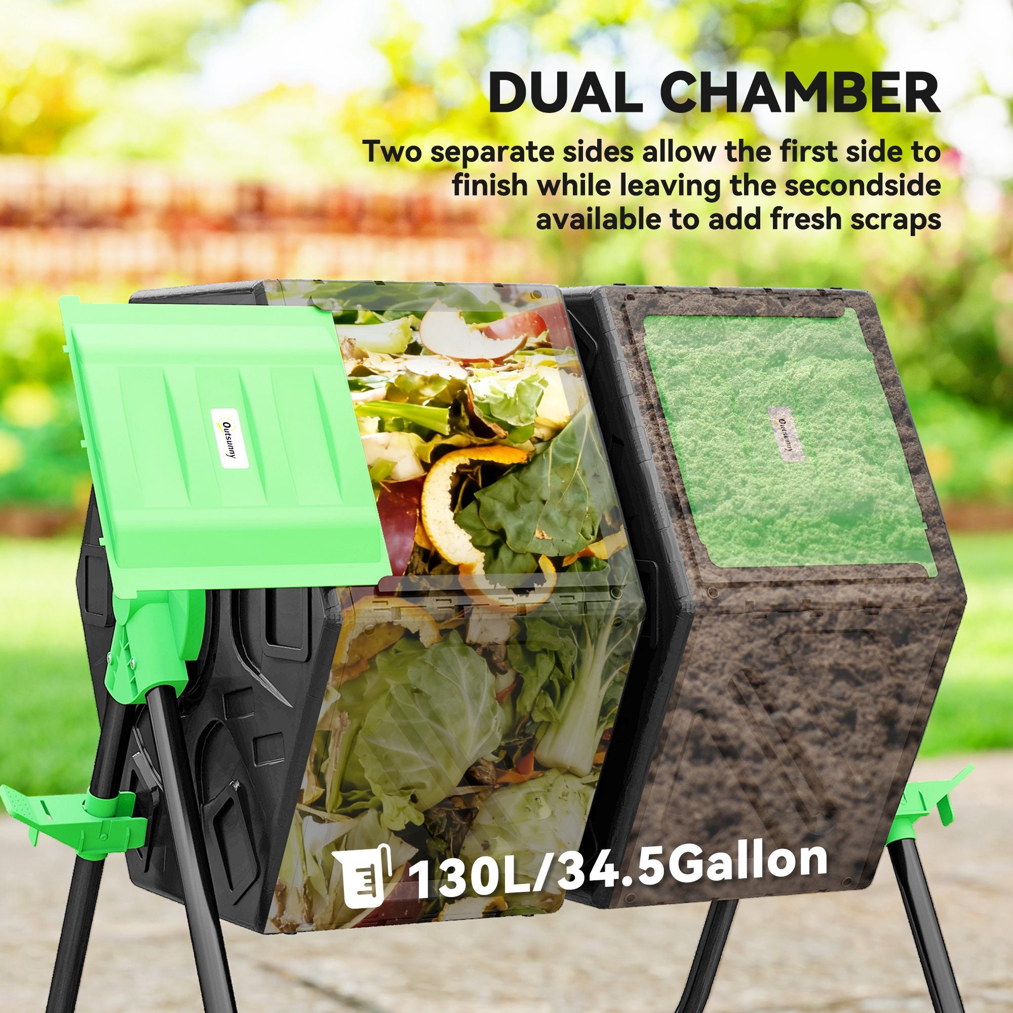 Outsunny Dual Chamber Garden Compost Bin, 130L Rotating Composter, Compost Maker with Ventilation Openings and Steel Legs