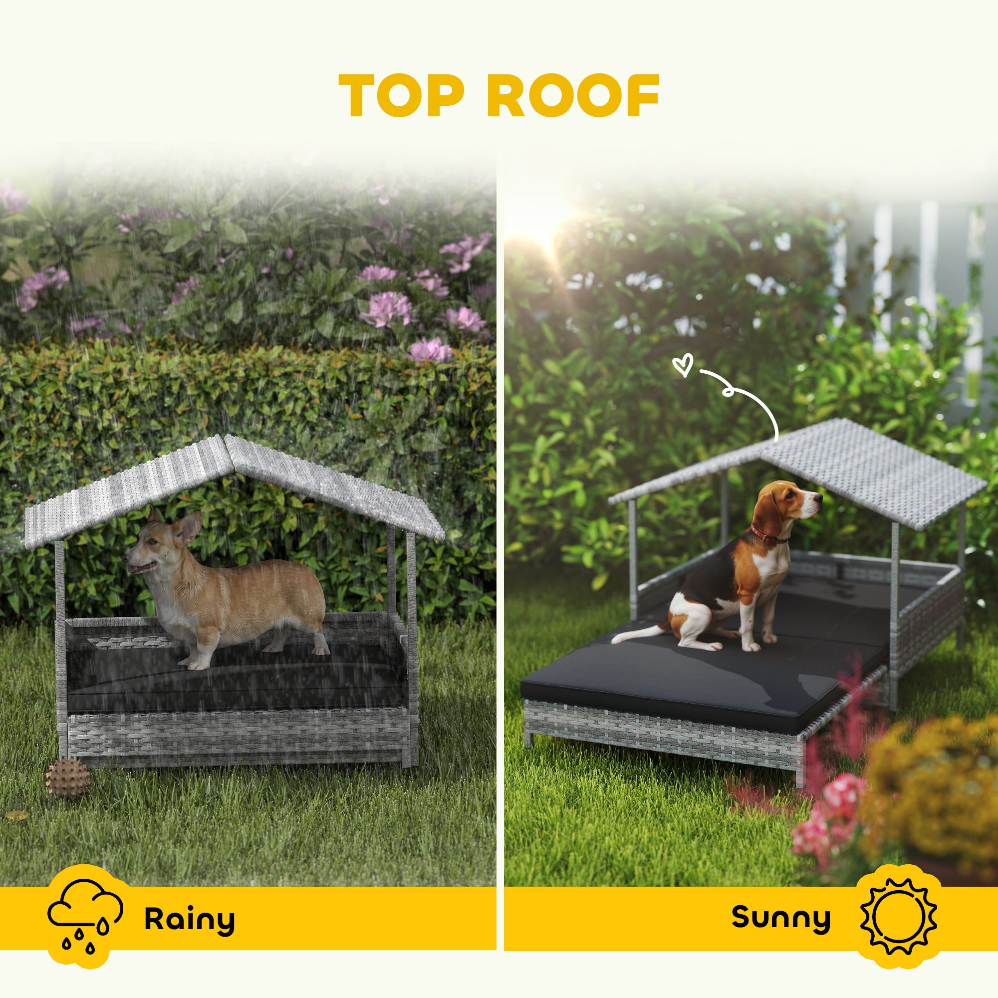 PawHut Extendable Elevated Dog Bed, Rattan Dog House, with Water-Resistant Roof, Removable Cushion, Charcoal Grey - North Peak Garden Furniture