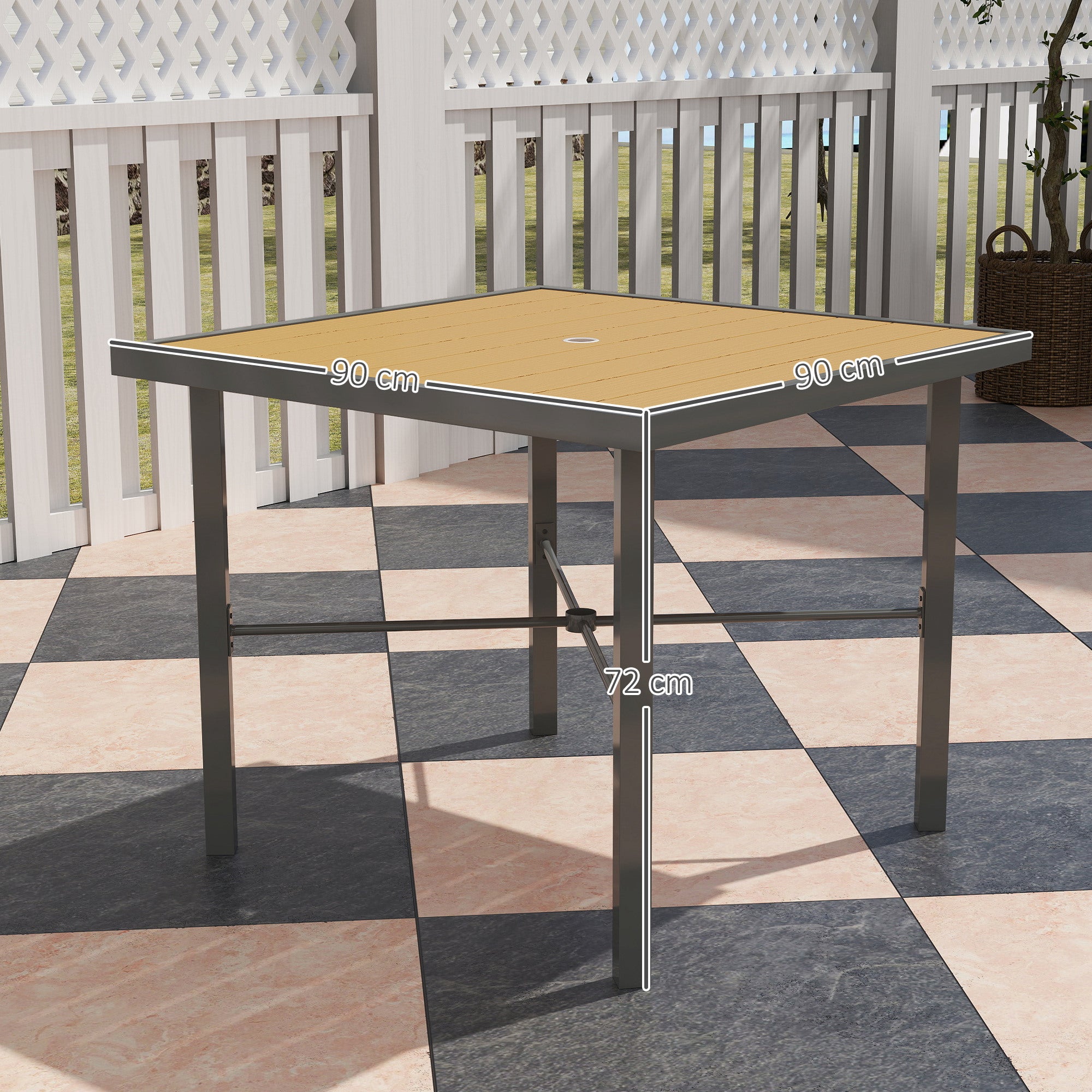 Outsunny Garden Table, 90cm Square Outdoor Patio Dining Table with 4.2 cm Umbrella Hole, Metal Frame, Wood Effect Top, for Terrace, Balcony, Natural Wood Finish - North Peak Garden Furniture