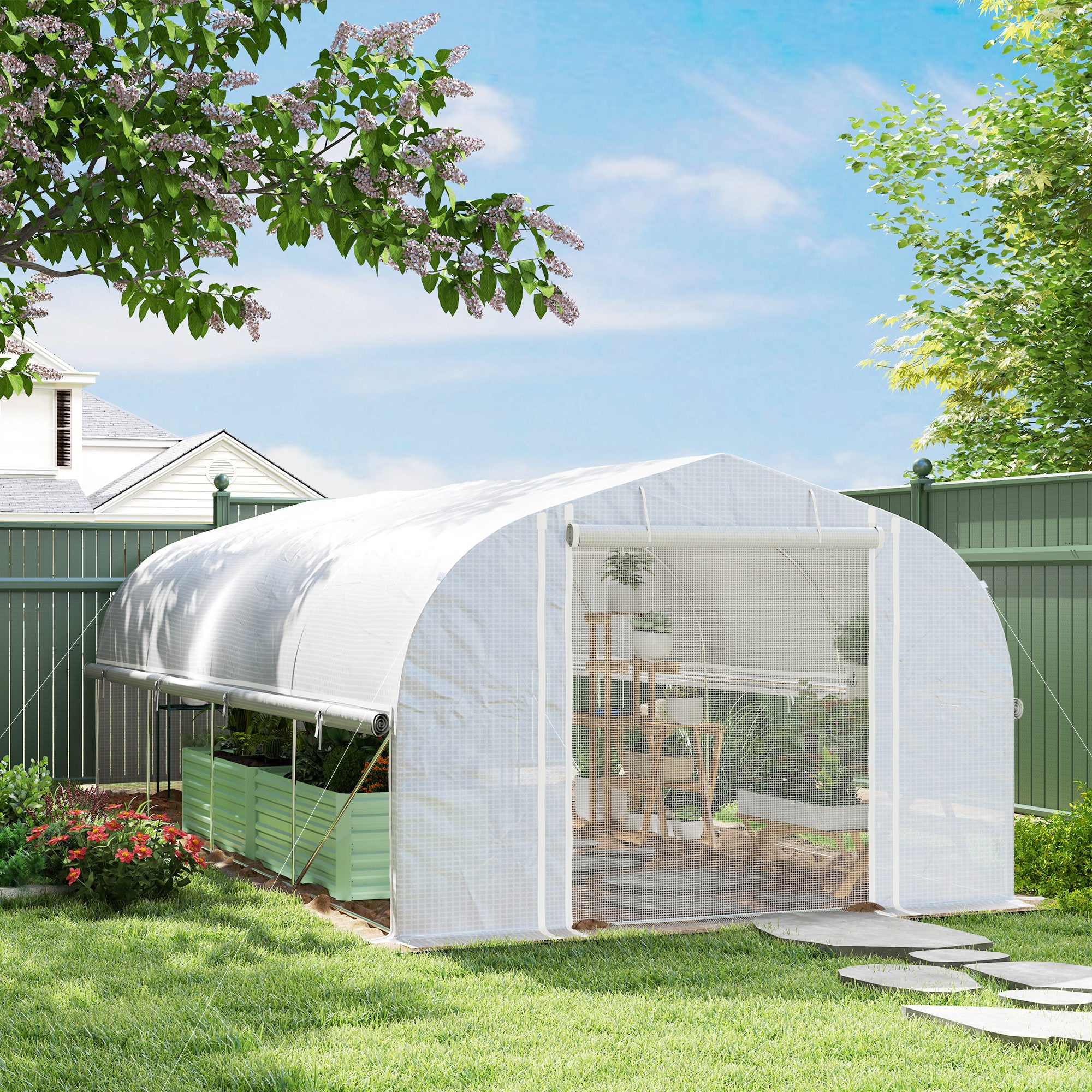 Outsunny 6 x 3 x 2m Walk-in Polytunnel Greenhouse, Zipped Roll Up Sidewalls, Mesh Door, 8 Mesh Windows, Tunnel Warm House Tent with PE Cover, Complimentary Plant Labels and Gloves, White