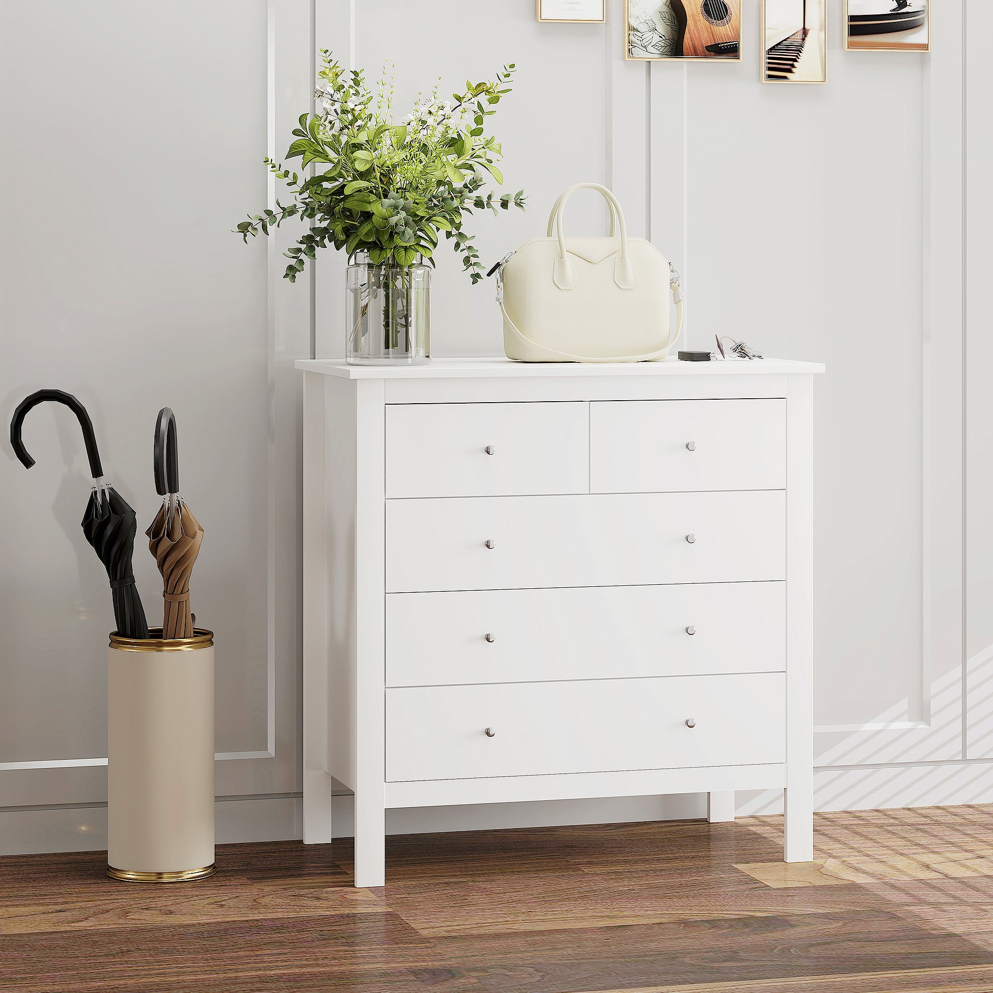 HOMCOM Modern Chest of Drawers, 5 Drawer Storage Cabinet with Metal Handles and Runners for Bedroom, White