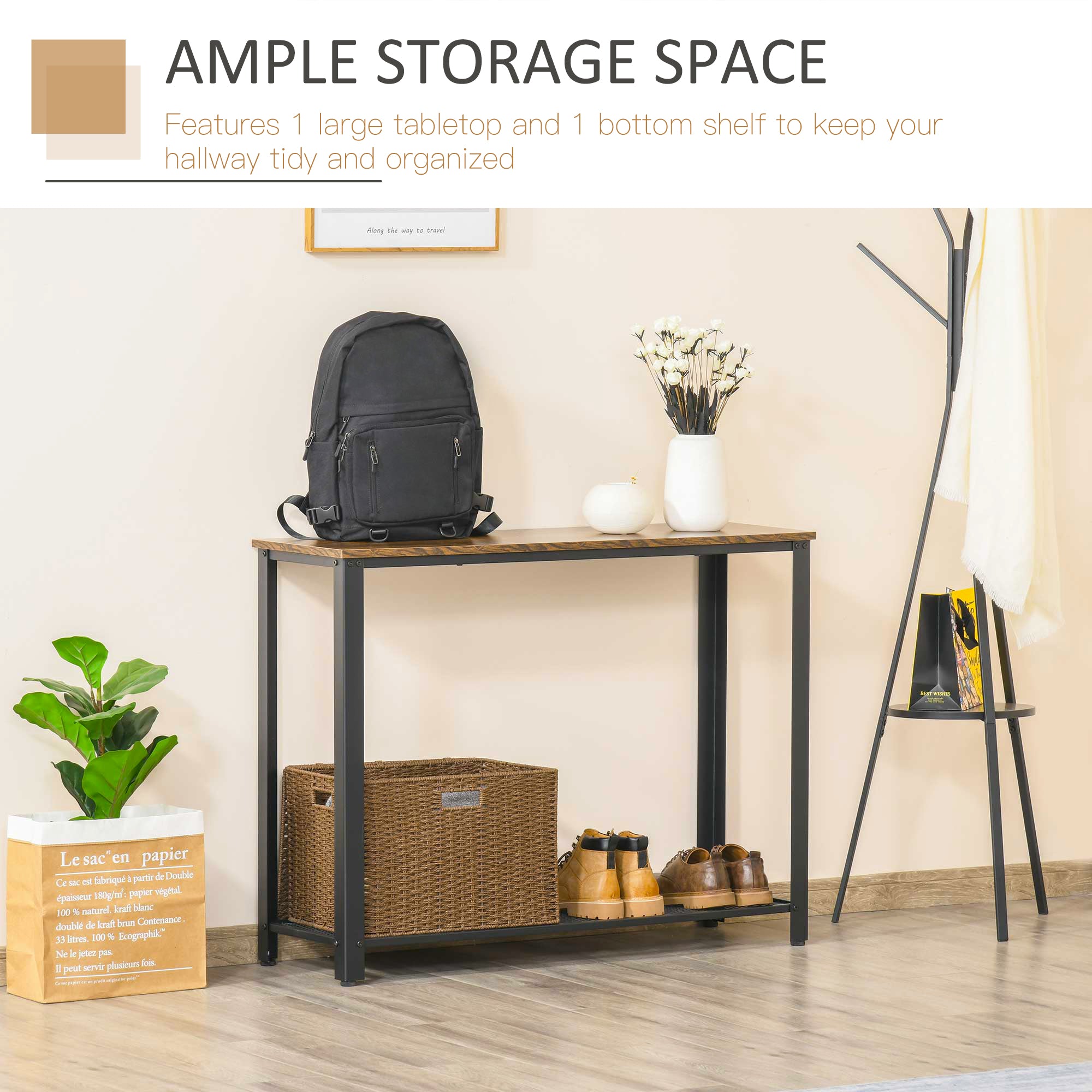 HOMCOM Industrial Console Table，Entryway Table w/Bottom Mesh Shelf Metal Frame Vintage Sofa Table for Hallway, Living Room, Rustic Brown - North Peak Garden Furniture
