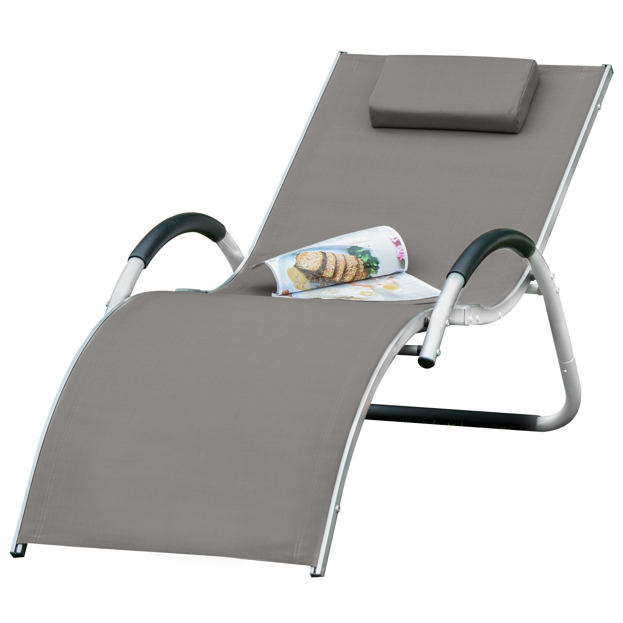 Outsunny Portable Sun Lounger Outdoor Foldable Recliner w/ Removable Headrest, Pillow, Aluminium Frame for Garden Patio Outside, Khaki