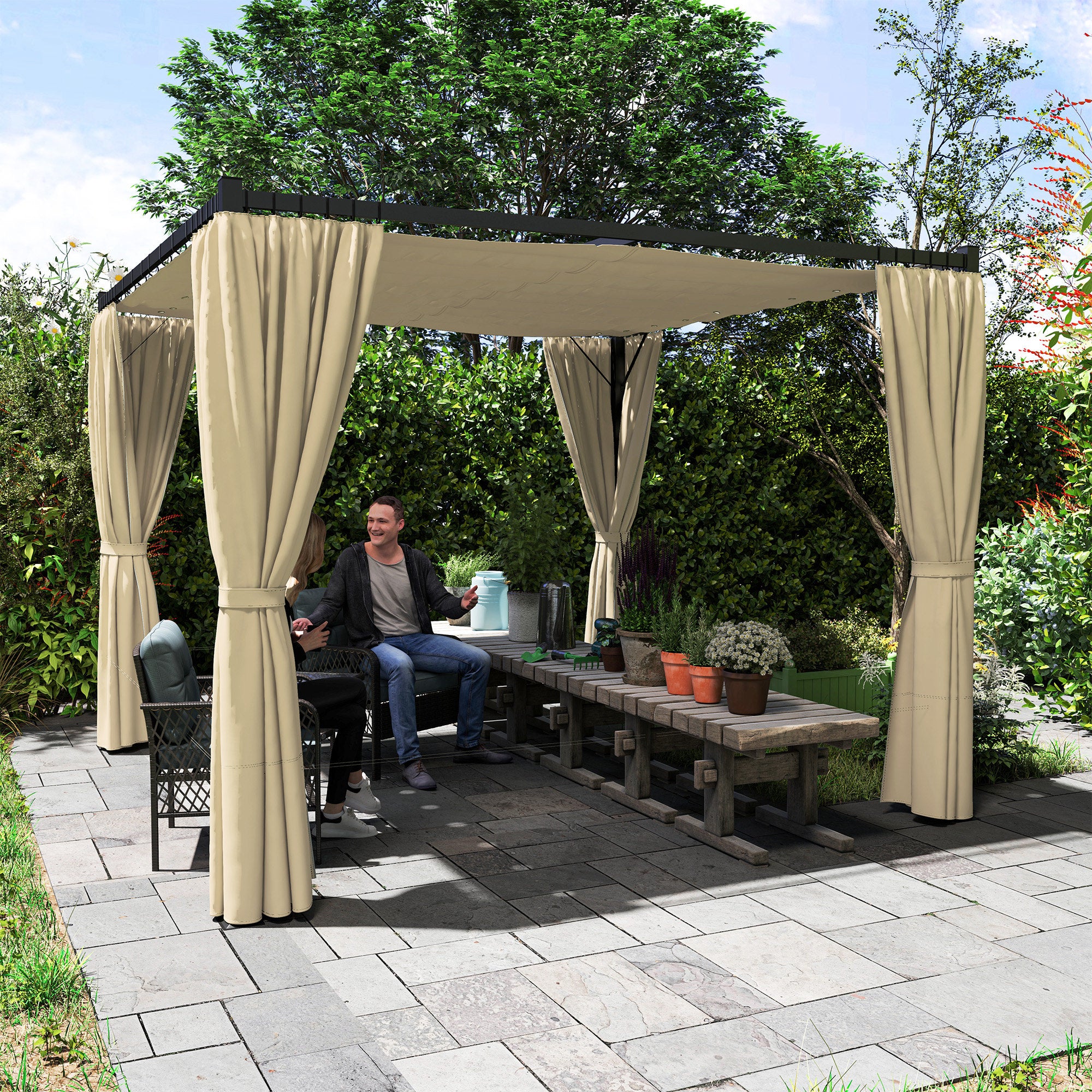 Outsunny 3 x 3m Retractable Roof Pergola, with Curtains - Khaki - North Peak Garden Furniture