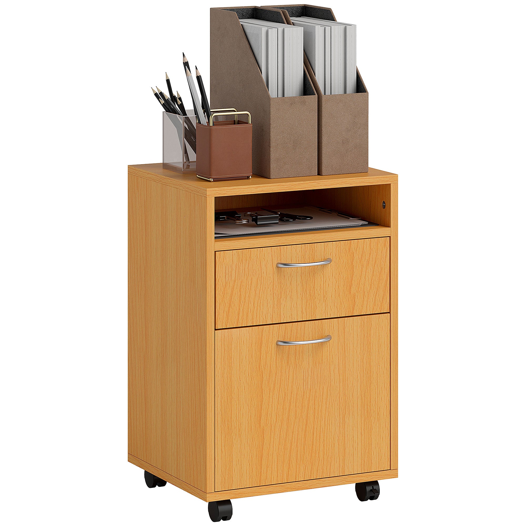 HOMCOM 60cm Filing Cabinet with Drawer, Open Shelf, Metal Handles and 4 Wheels, Office Home Organiser Mobile Printer, Natural Wood Finish - North Peak Garden Furniture