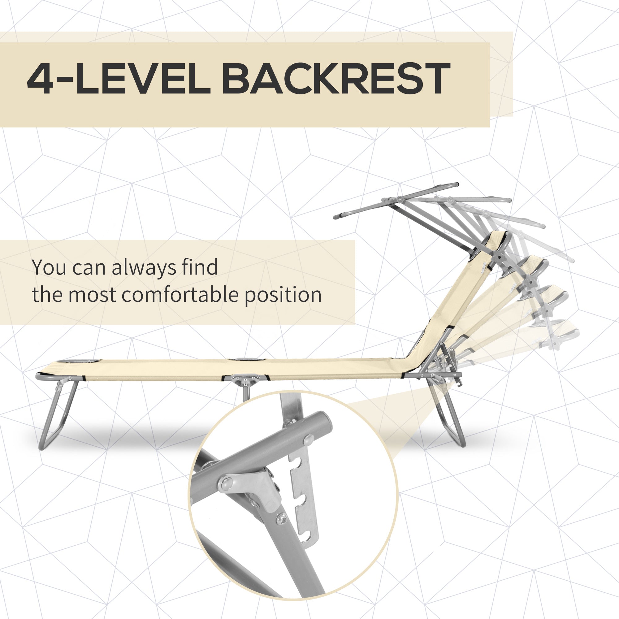 Outsunny 2 Pieces Outdoor Foldable Sun Lounger, 4 Level Adjustable Backrest Reclining Sun Lounger Chair with Angle Adjust Sun Shade Awning for Beach, Garden, Patio, Beige - North Peak Garden Furniture