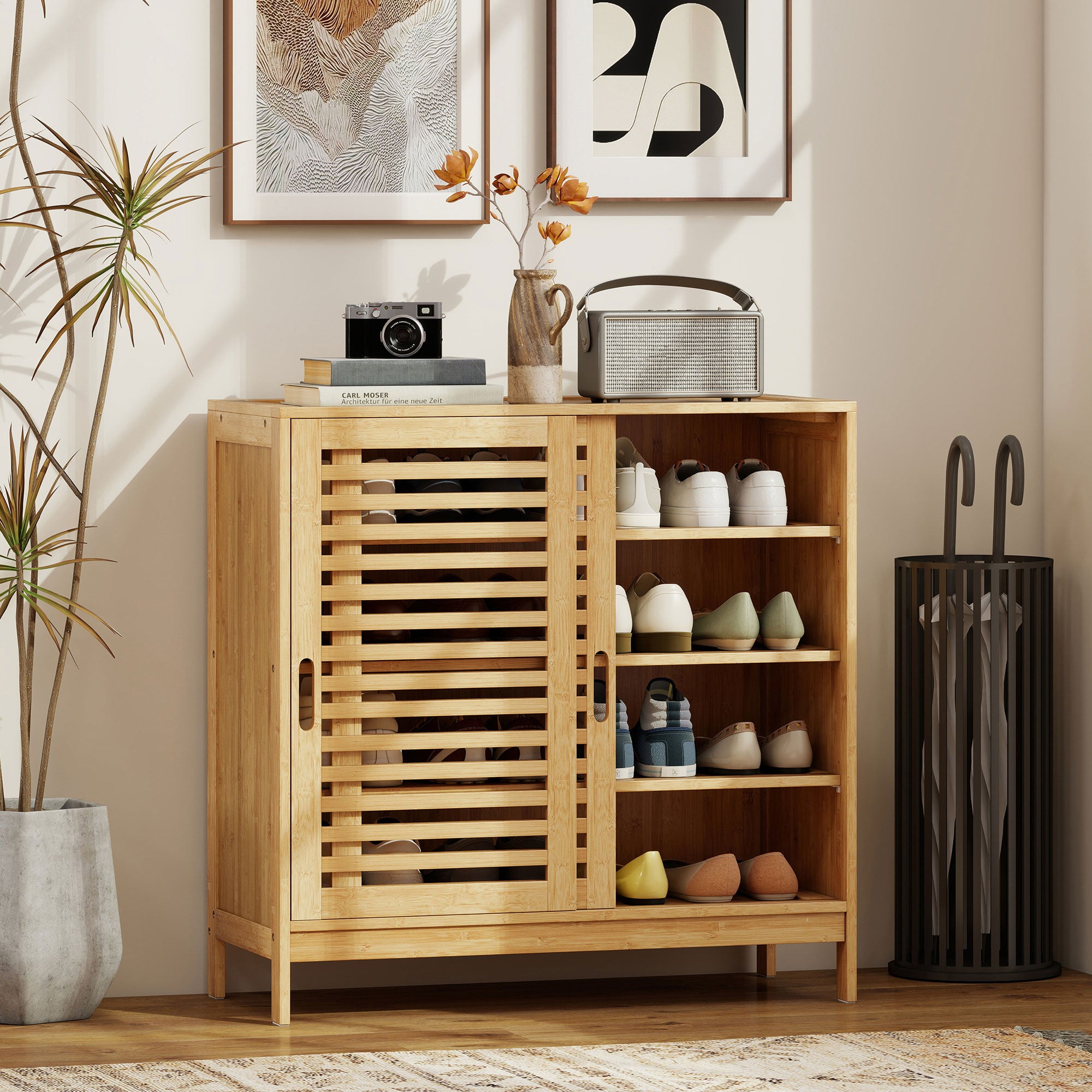 HOMCOM Bamboo Shoe Cabinet with 2 Sliding Slat Doors, 16Pairs, Adjustable Shelves, Natural