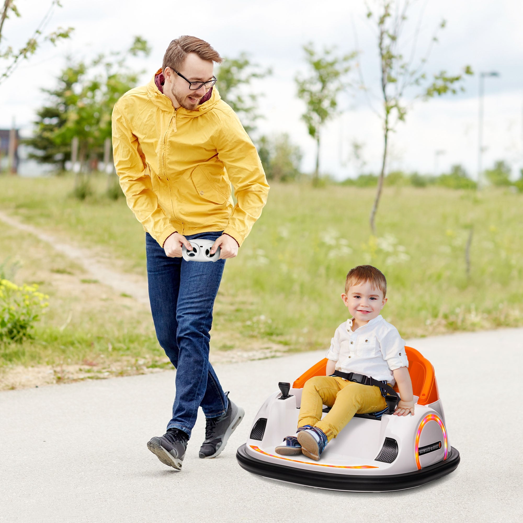 AIYAPLAY 360° Rotation Kids Bumper Car, 12V Waltzer Car with Remote Control, Dual Joysticks, Music Lights, Orange - North Peak Garden Furniture