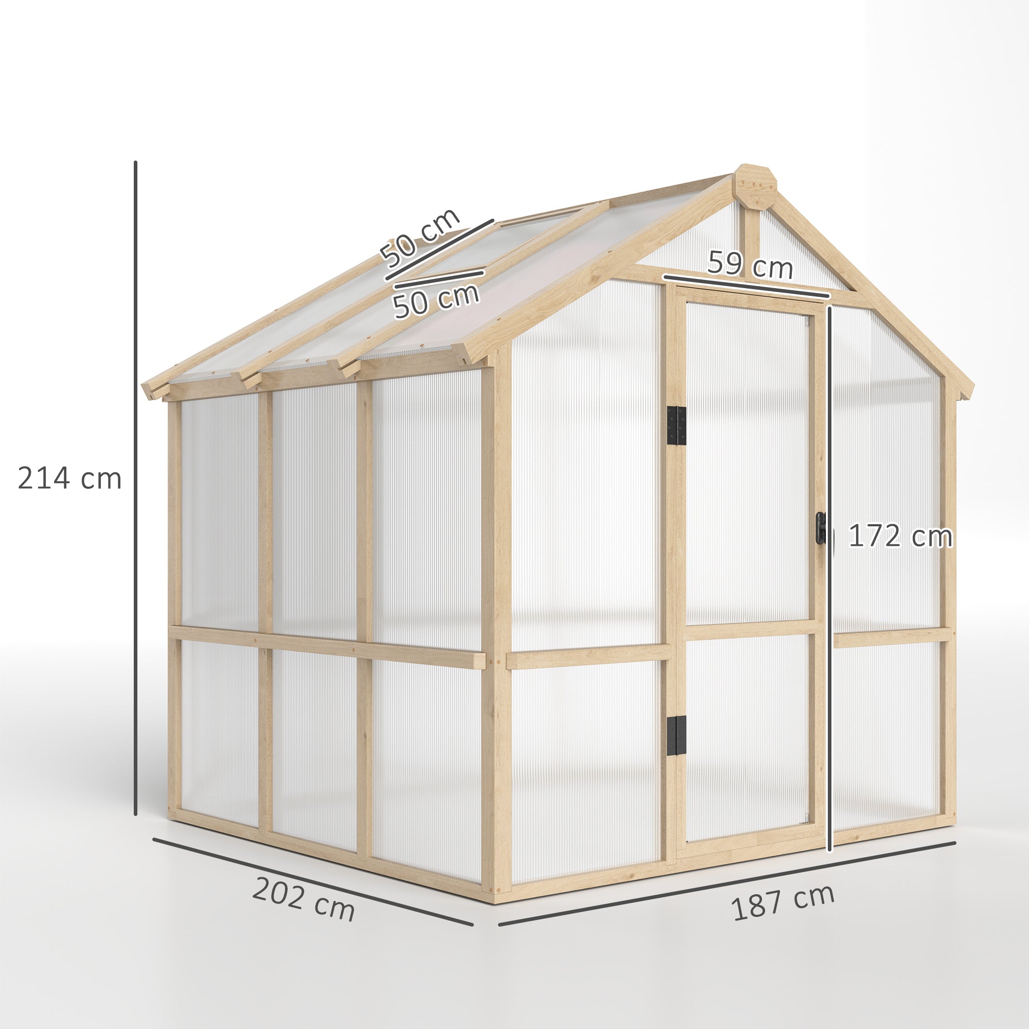 Outsunny 6.6 x 6ft Polycarbonate Greenhouse, Walk-in Wooden Greenhouse with Lockable Door and Window, Garden Plants Grow House, Brown