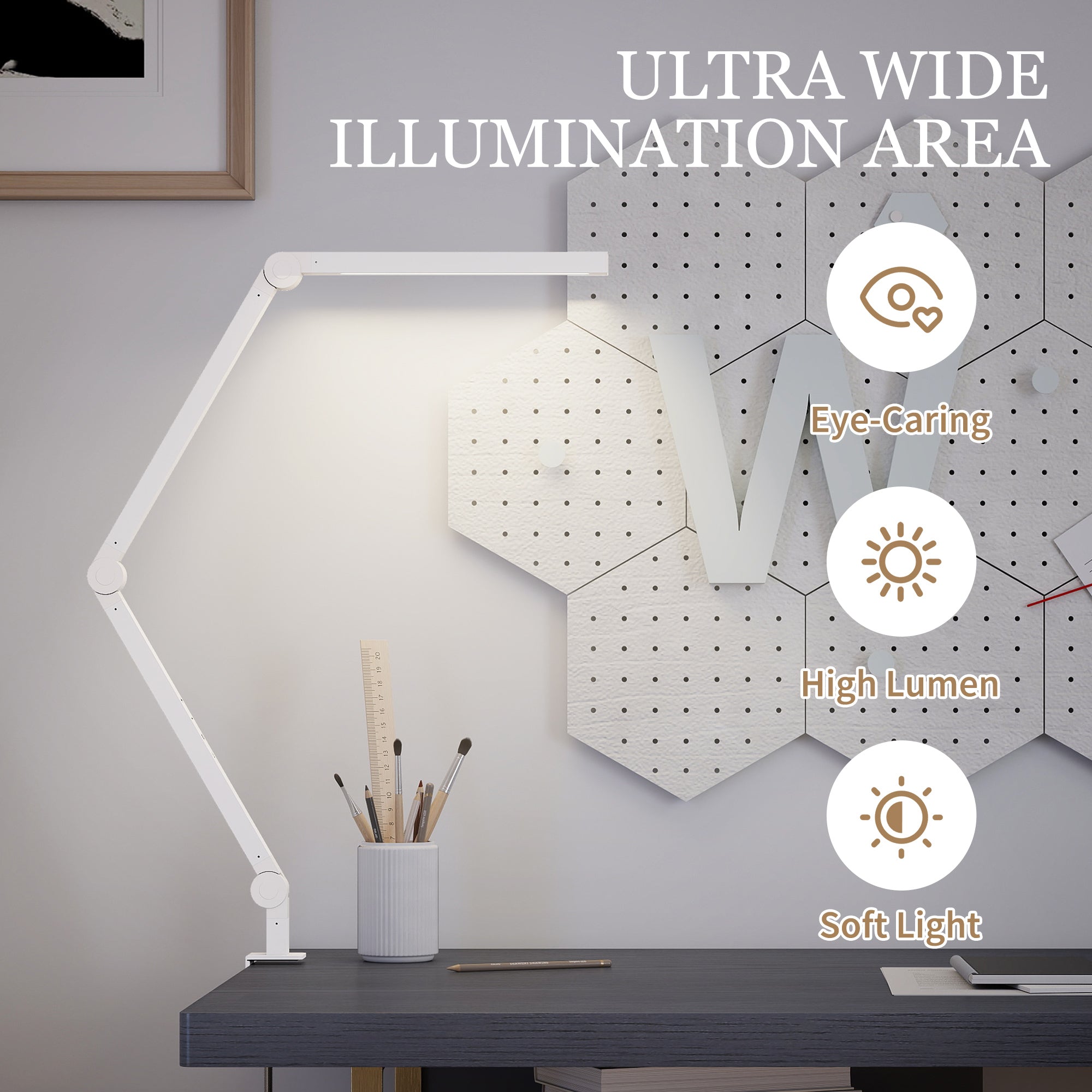 HOMCOM LED Desk Lamp, Dimmable Desk Light with Swing Arm and Clamp, Adjustable Eye-Caring Table Lamp with 2 Colour Modes & 5 Brightness Levels for Study, Drawing, Office, Architect, Task, White