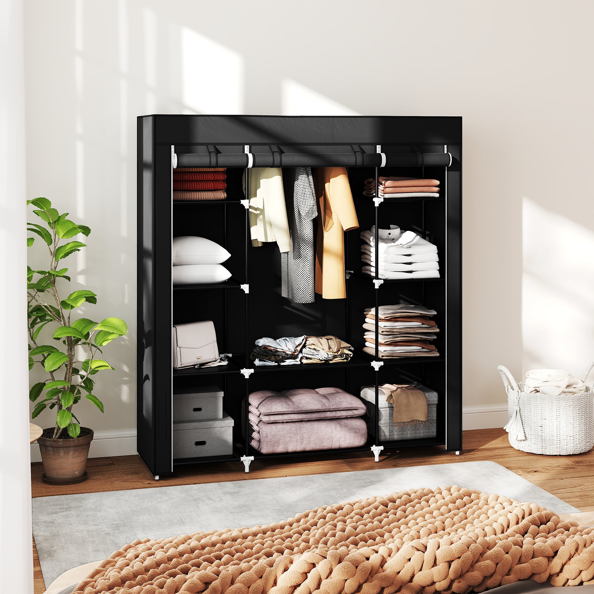 HOMCOM Portable Wardrobe, Foldable Fabric Wardrobe, 150 x 43 x 162.5cm, Clothes Storage Organiser with Hanging Rail, Shelves, Fabric Cover for Bedroom, Black - North Peak Garden Furniture