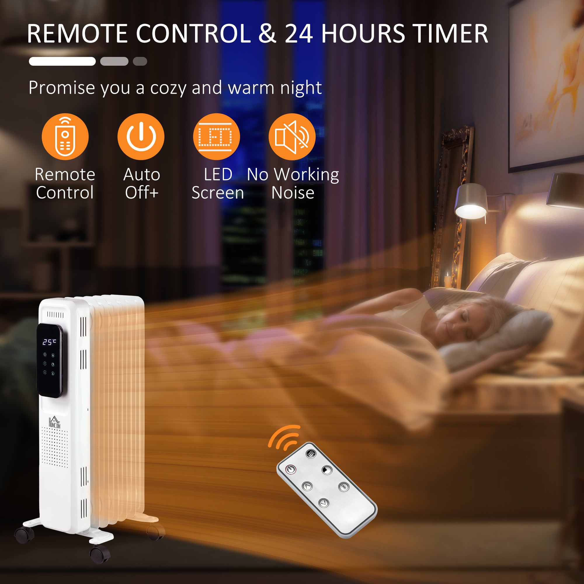 HOMCOM 1500W Oil Filled Radiator, 7 Fin Portable Electric Heater with LED Display, 24H Timer, 3 Heat Settings, Adjustable Thermostat, Safety Cut off, Remote Control, White - North Peak Garden Furniture