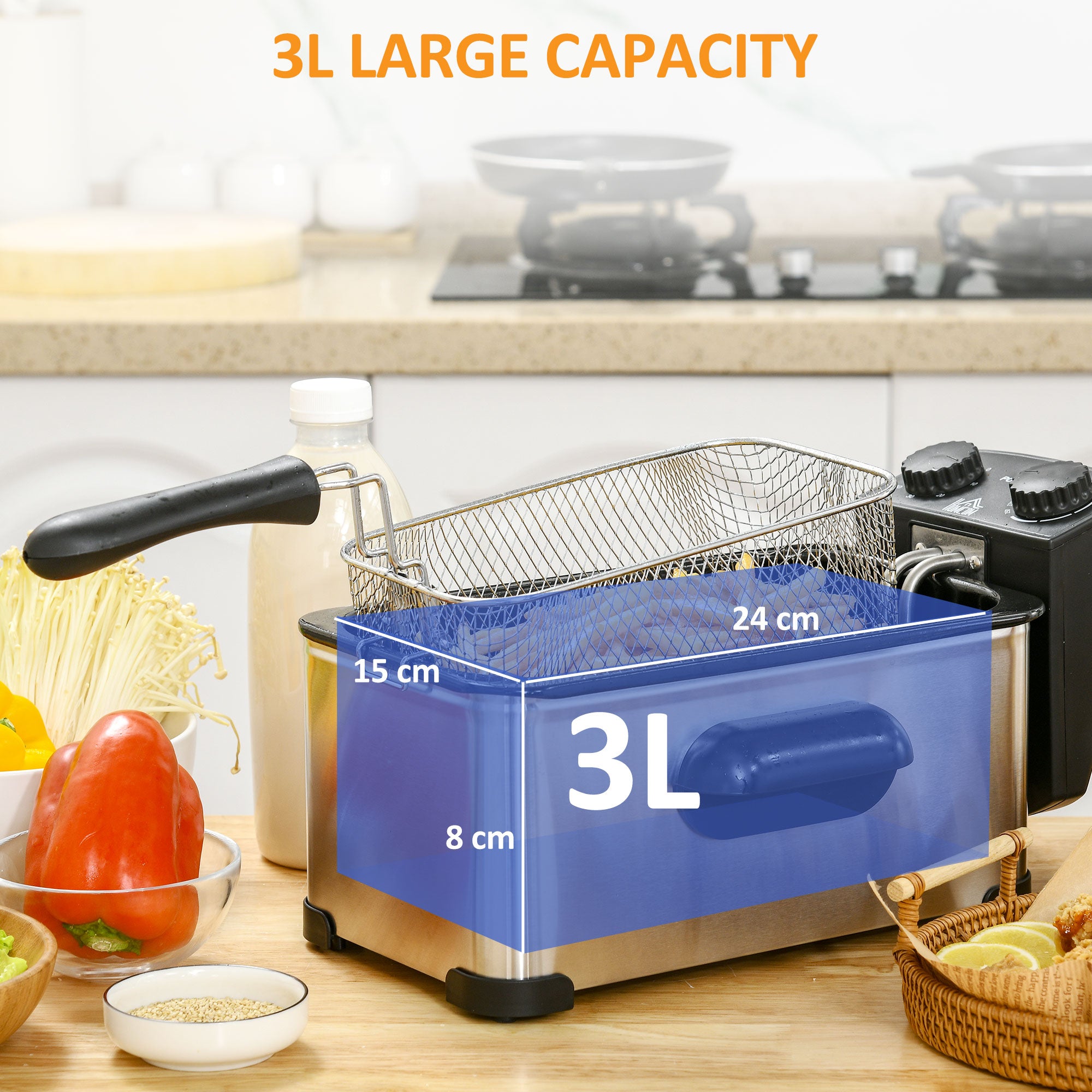 HOMCOM 3 Litre Stainless Steel Deep Fat Fryer with Adjustable Temp, 60min Timer, Viewing Window and Safety Cut Out, 2000W - North Peak Garden Furniture