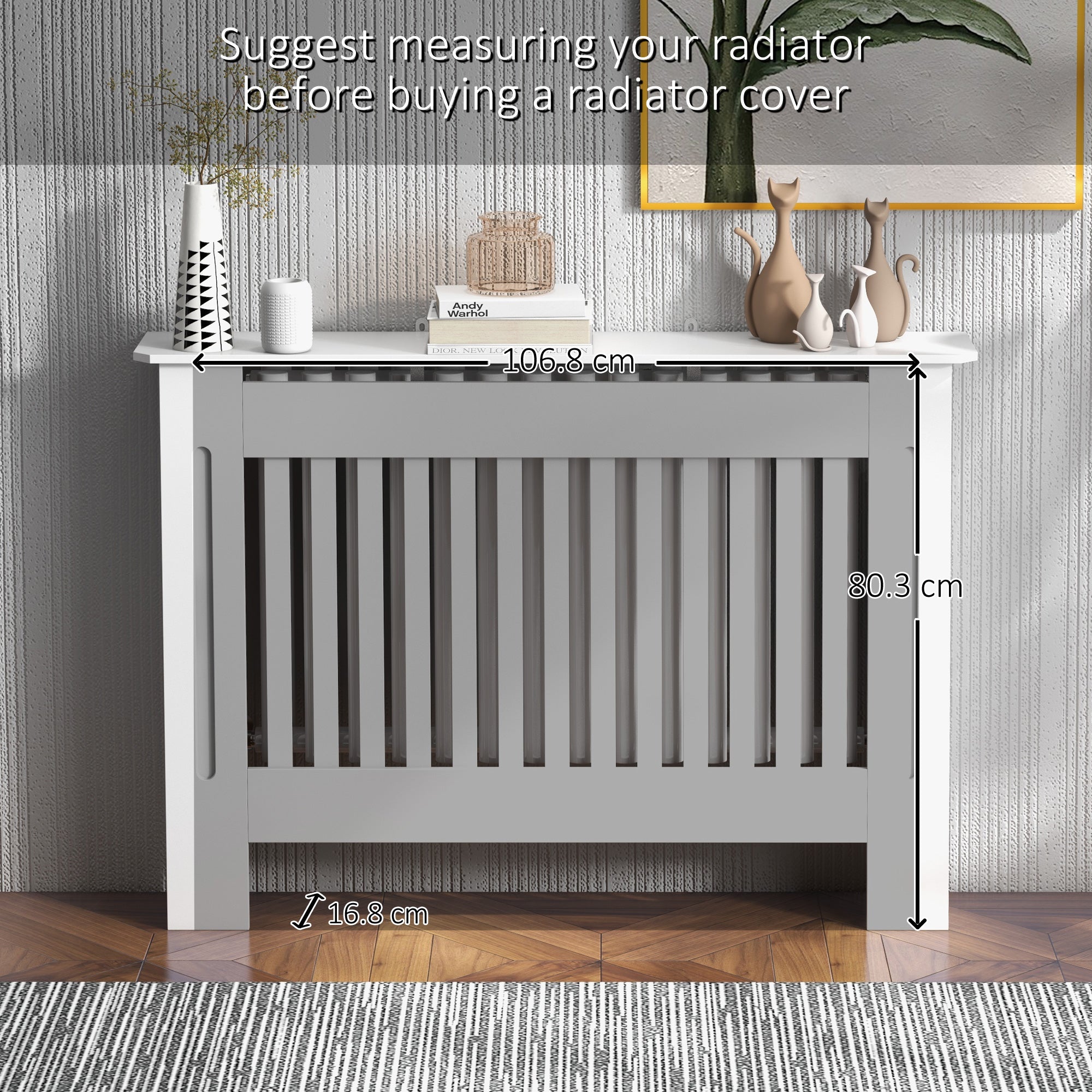 HOMCOM Slatted Radiator Cover Painted Cabinet MDF Lined Grill in White (112L x 19W x 81H cm)