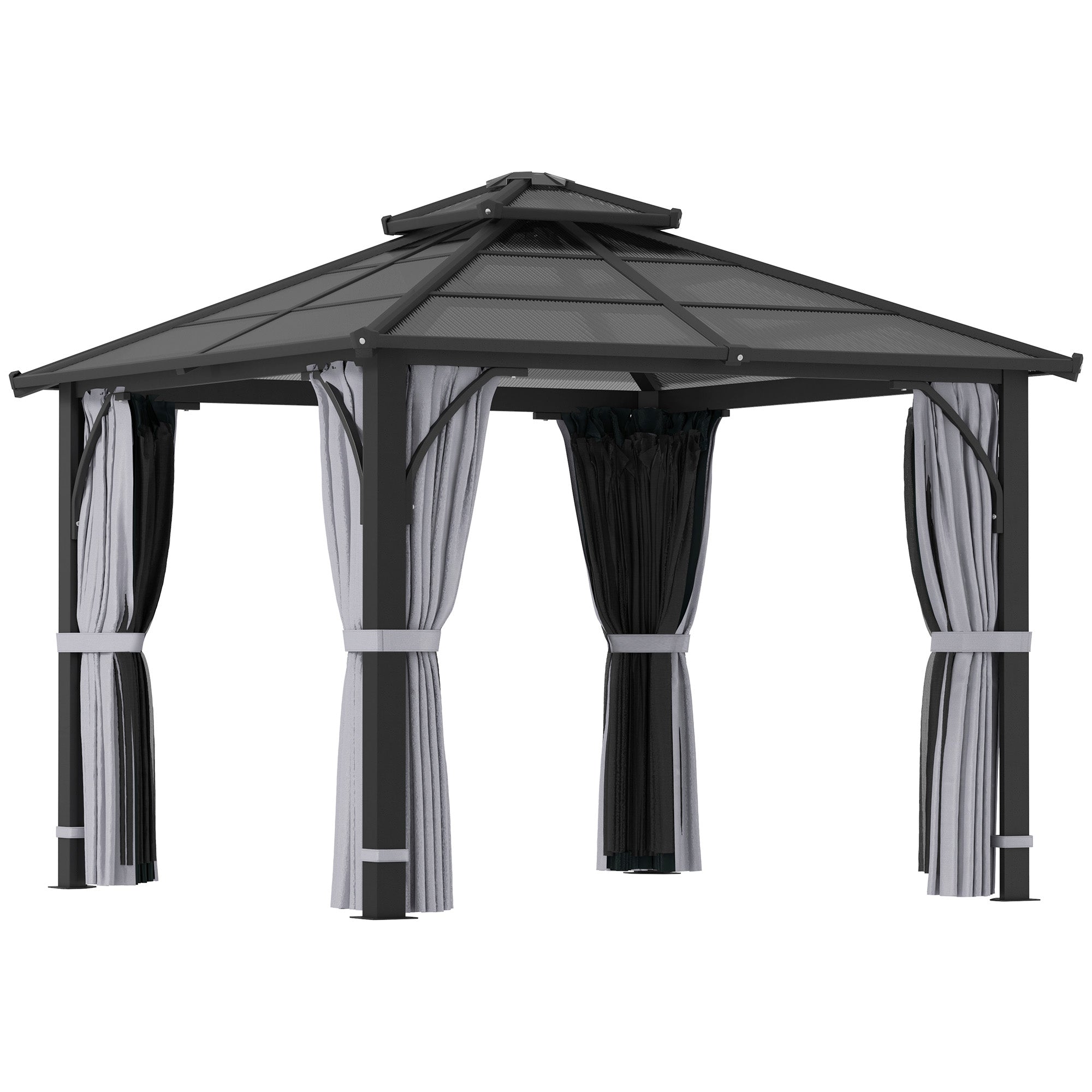 Outsunny 3 x 3(m) Hardtop Gazebo Canopy with 7mm Polycarbonate Double-Tier Roof, Garden Gazebo Permanent Pavilion with Mosquito Netting and Curtains for Patio, Deck, Dark Grey