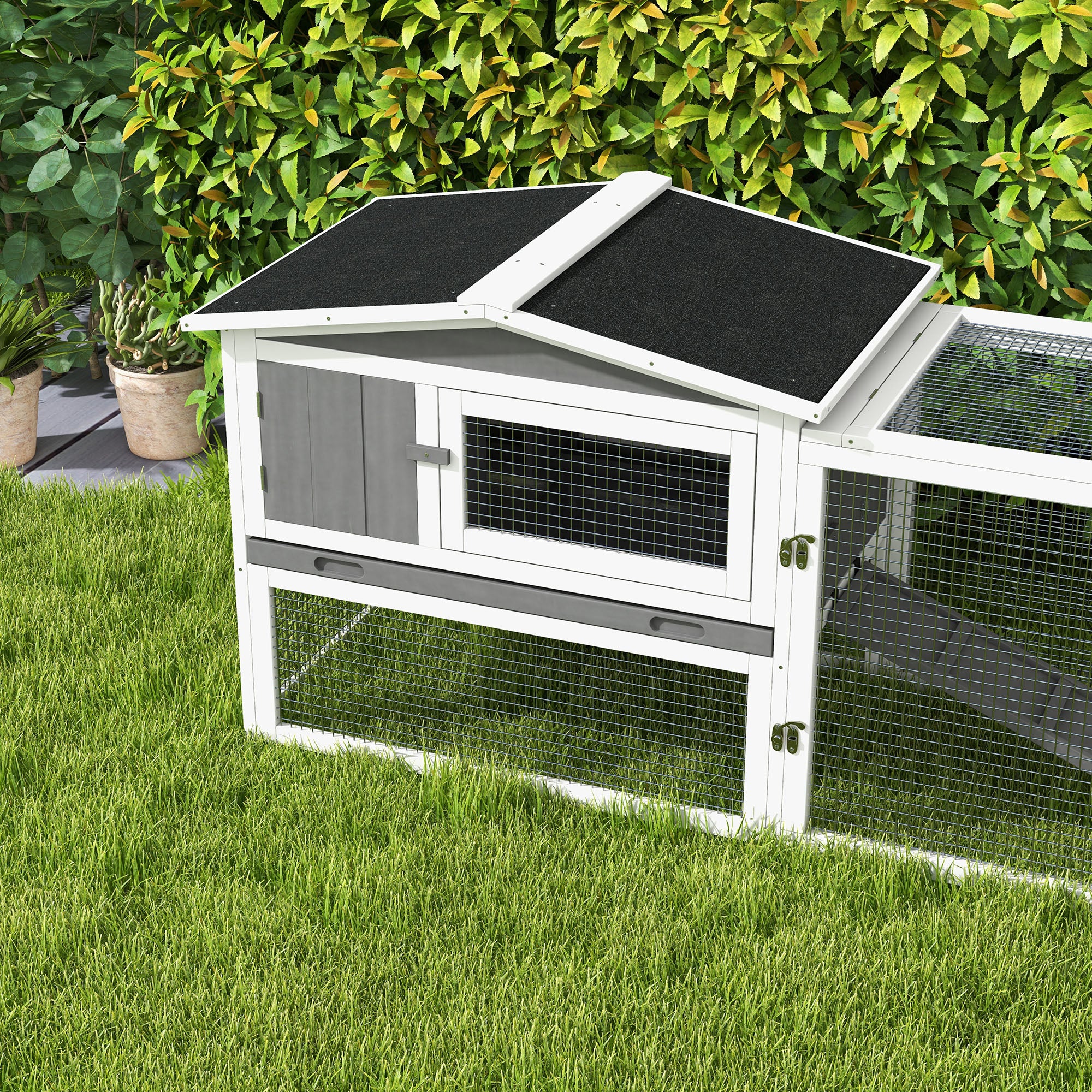 PawHut Rabbit Hutch with Run Wooden Guinea Pig Hutch Outdoor Bunny Cage Hide House with Sliding Tray, Hay Rack, Ramp, 156 x 58 x 68cm, Grey - North Peak Garden Furniture