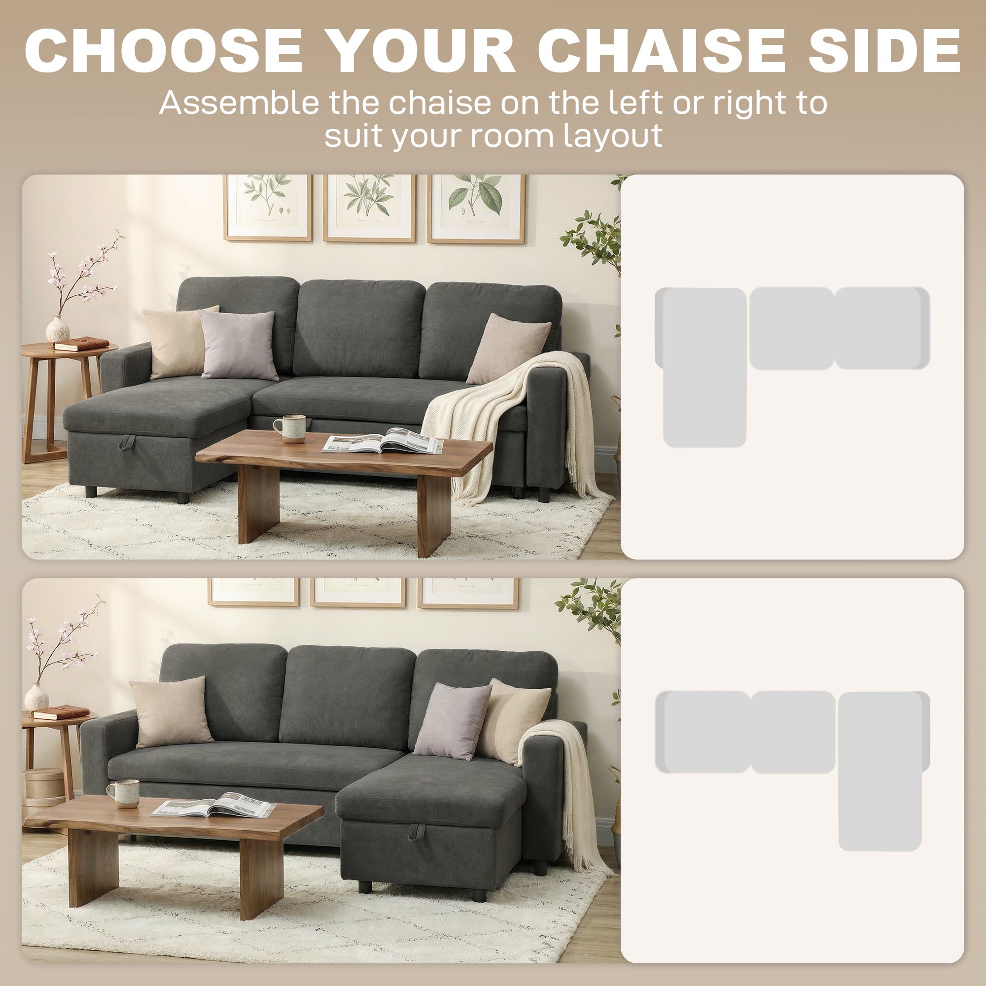 HOMCOM L Sofa Bed, with Storage - Charcoal Grey
