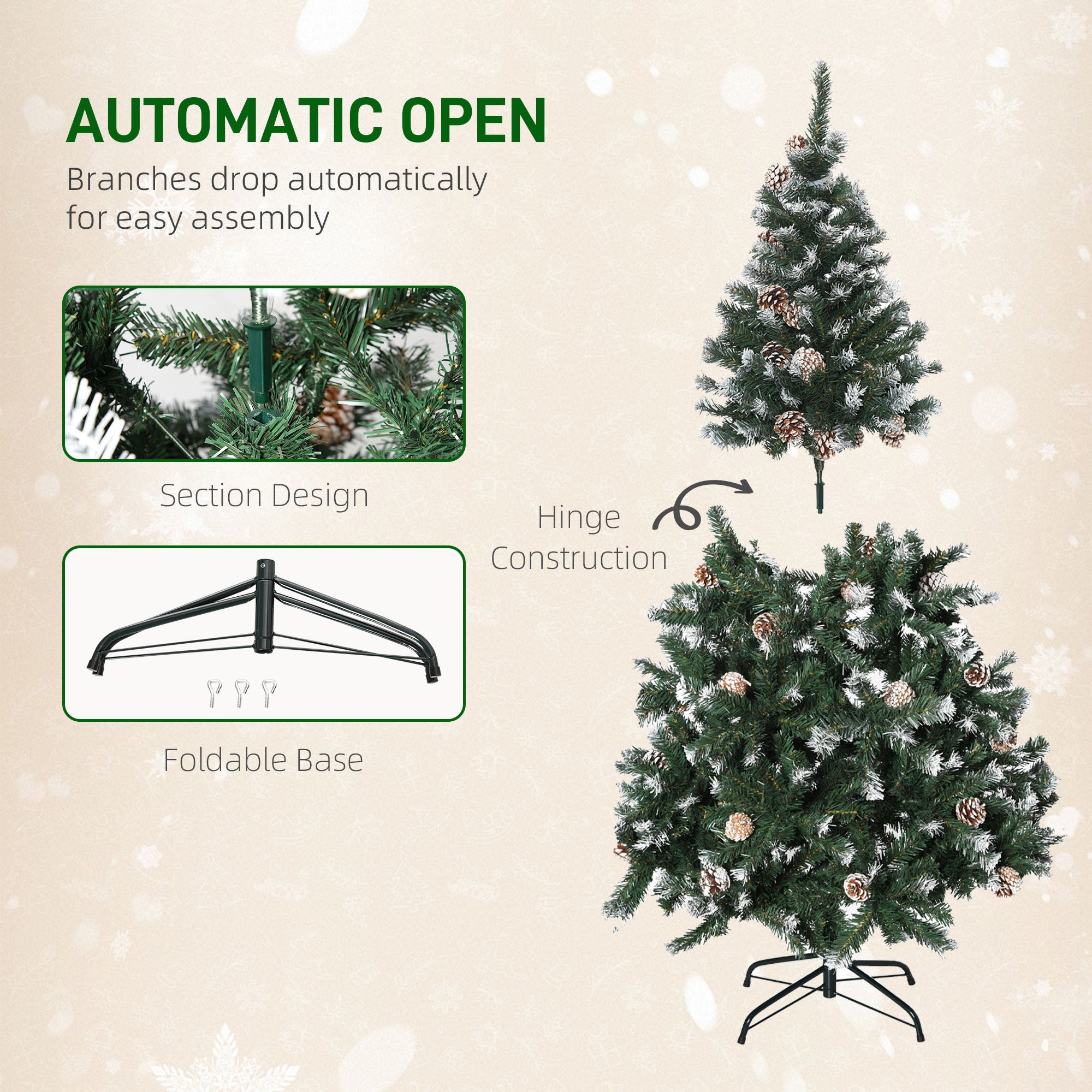 HOMCOM 5FT Artificial Christmas Tree with Pine Cones, Holiday Home Xmas Decoration Automatic Open, Green - North Peak Garden Furniture