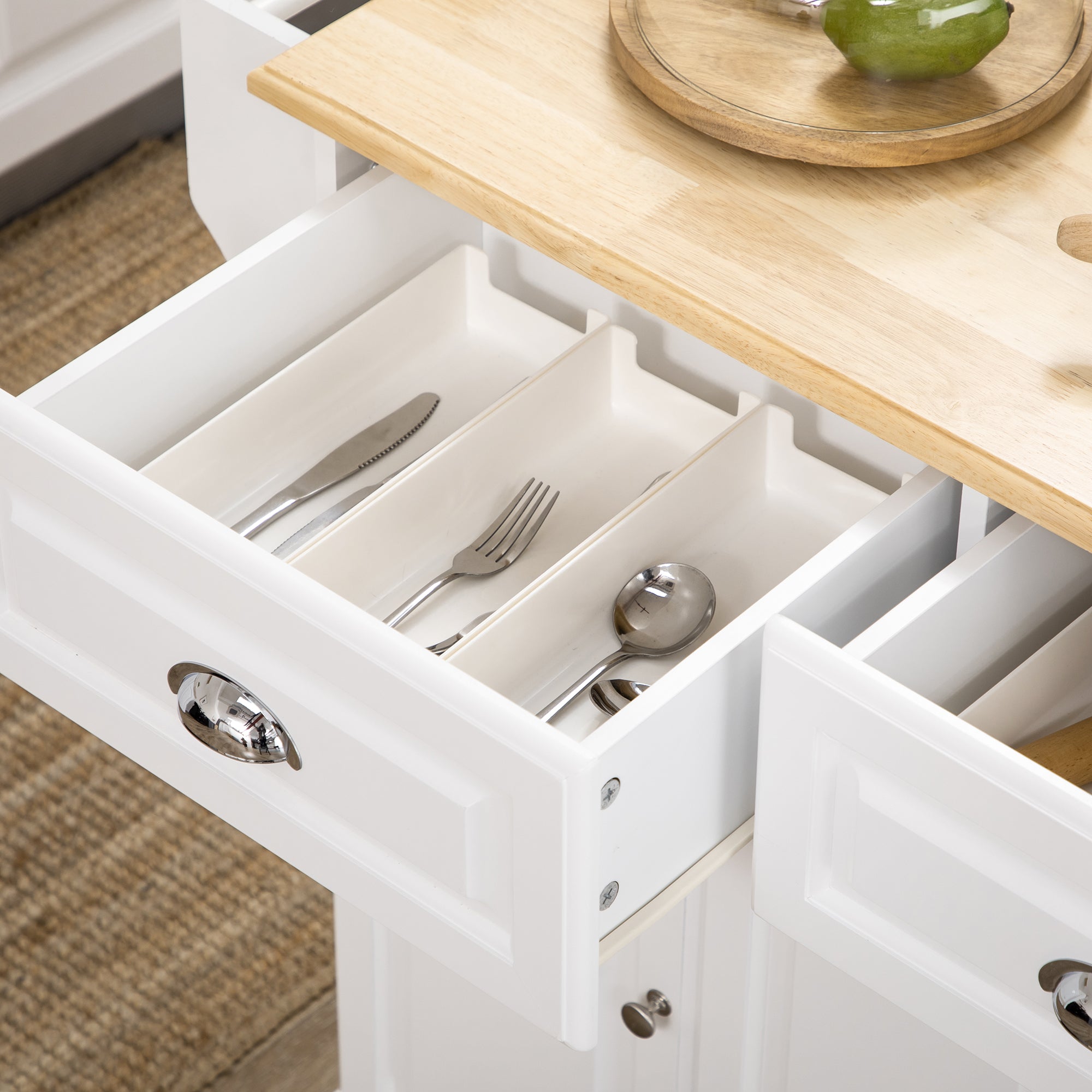 HOMCOM Kitchen Island with Storage Rolling Kitchen Serving Cart with Rubber Wood Top Towel Rack Storage Drawer Cabinet White - North Peak Garden Furniture