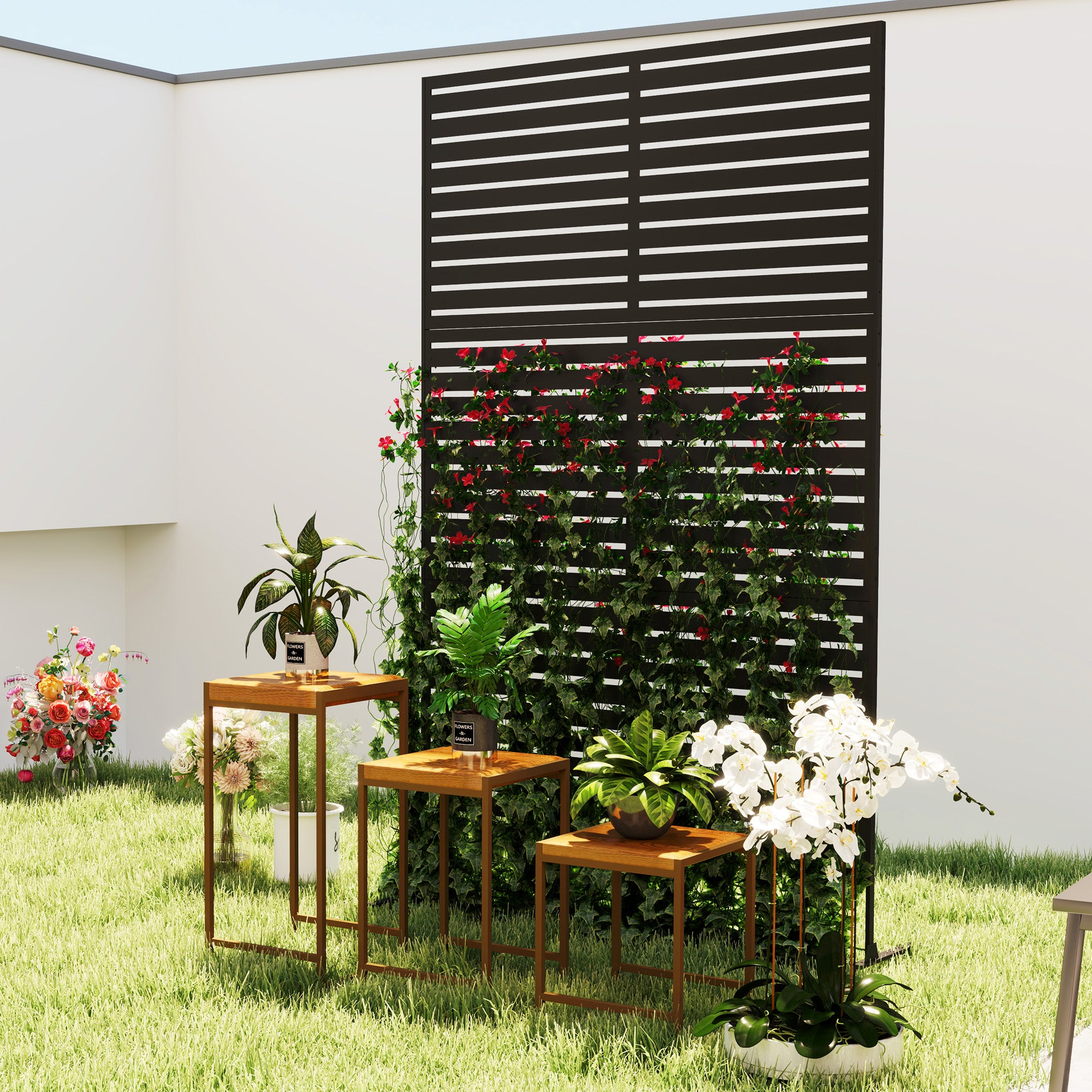 Outsunny Decorative Privacy Fence Screen, Metal Outdoor Privacy Screen Climbing Plant Trellis with Stand, 122 x 198 cm, Black