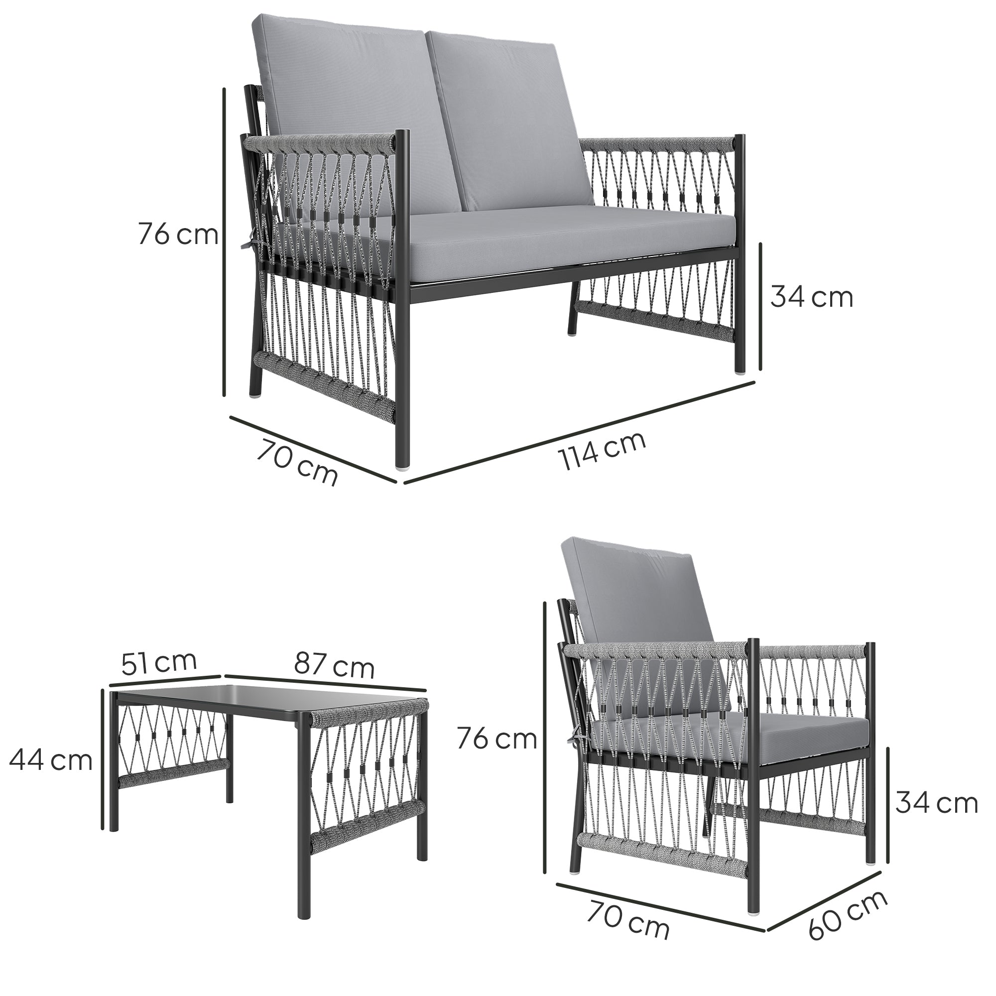 Outsunny 4 Piece Rattan Garden Furniture Set, 4 Seater Wicker Patio Conversation Set with 2 Armchairs, Loveseat, Glass Top Coffee Table and Cushions for Outdoor, Balcony, Grey - North Peak Garden Furniture