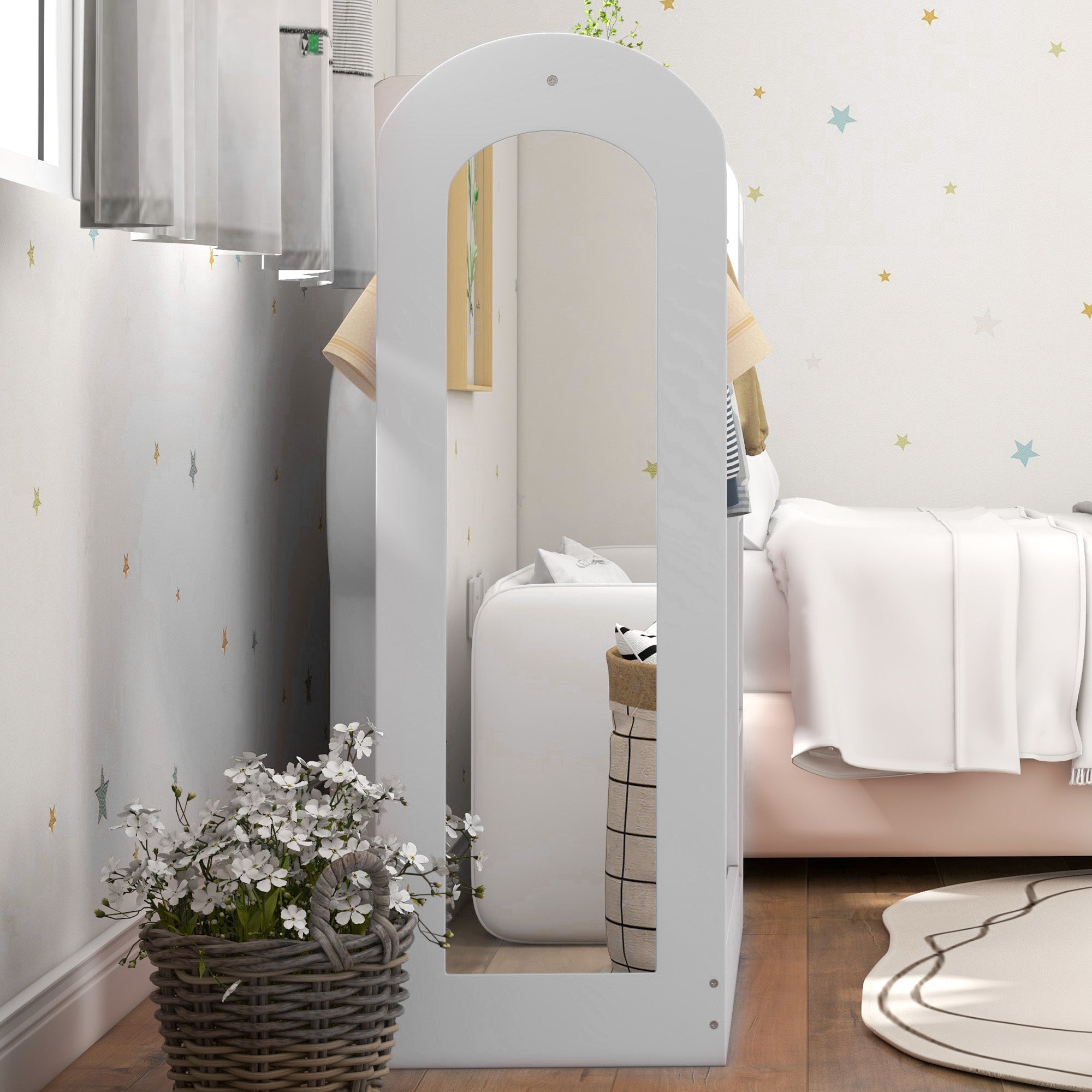 AIYAPLAY Kids Clothes Rail with Storage Shelf, Boxes, Mirror for Bedroom, Nursery, White - North Peak Garden Furniture