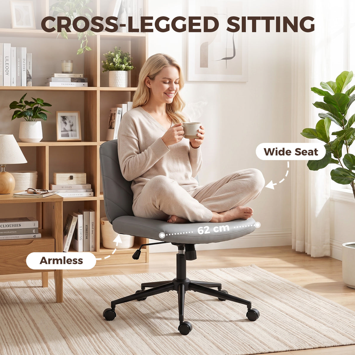 HOMCOM Home Office Desk Chair Height Adjustable Swivel Chair Cross Legged Wide Seat Swivel Wheels Grey