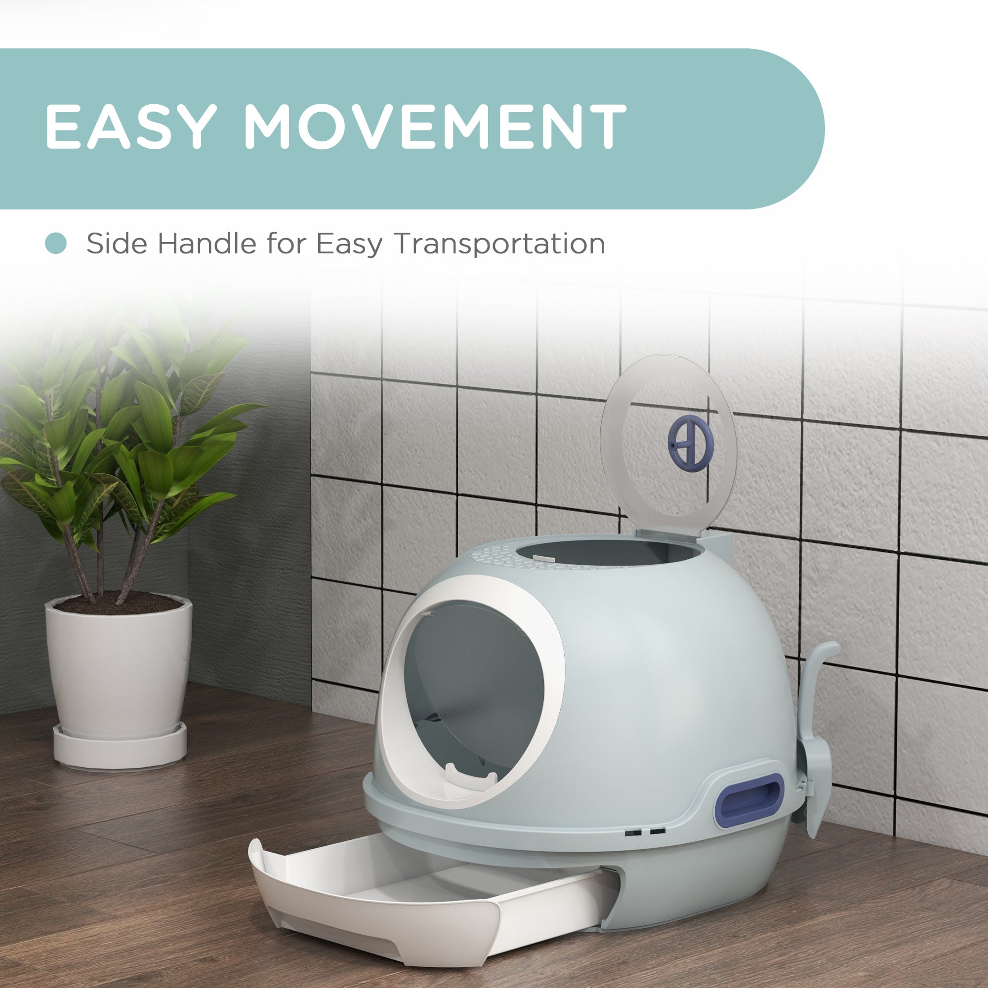 PawHut Cat Litter Box Toilet with Litter Scoop Enclosed Drawer, Front Entry Top Exit, Easy To Clean Blue - North Peak Garden Furniture