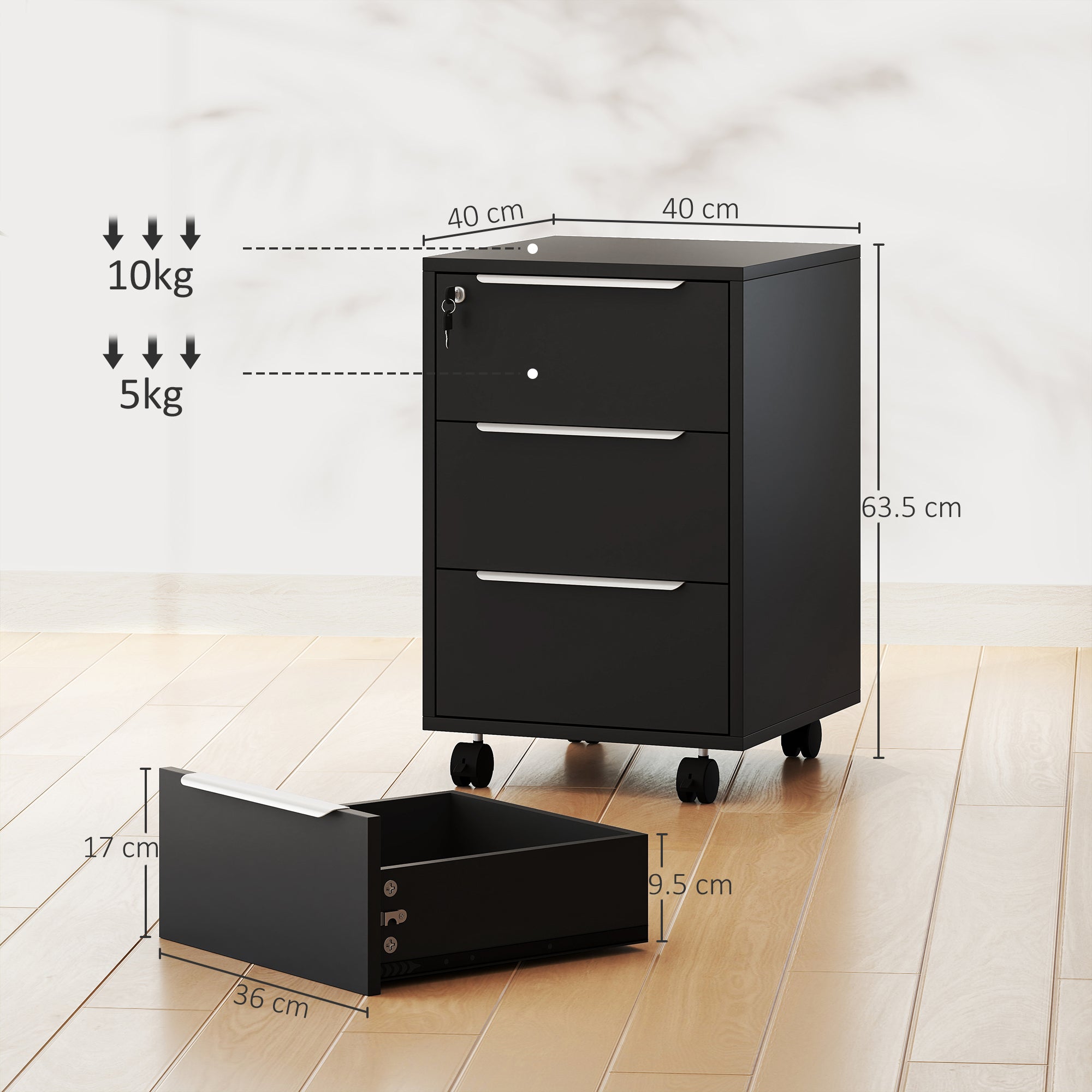 HOMCOM Three-Drawer Locking Filing Cabinet - Black - North Peak Garden Furniture