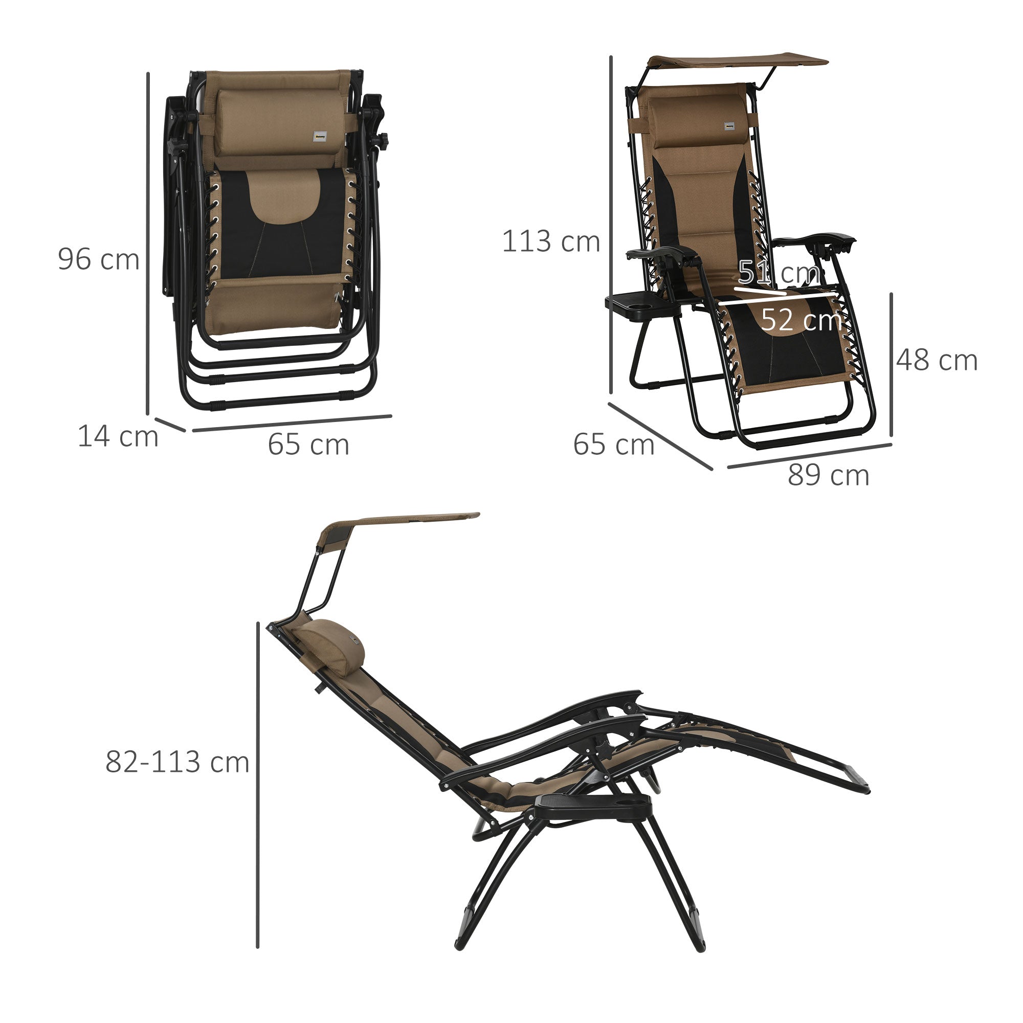 Outsunny Zero Gravity Lounger Chair, Folding Reclining Patio Chair with Shade Cover, Cup Holder, Soft Cushion and Headrest for Poolside, Camping, Brown - North Peak Garden Furniture