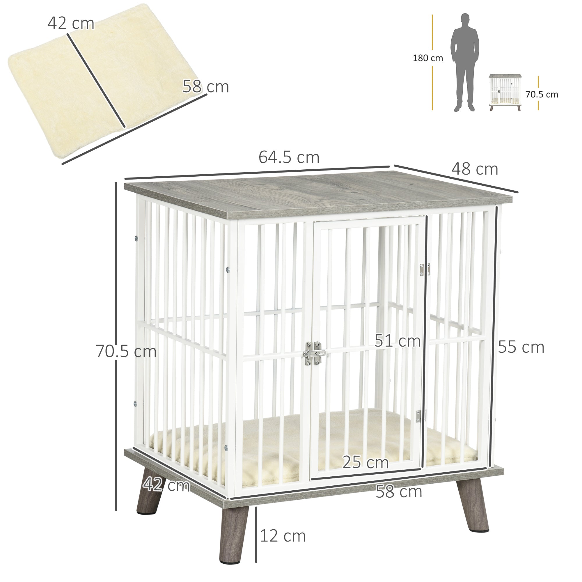 PawHut Dog Crate Furniture, Indoor Pet Kennel Cage, Top End Table w/ Soft Cushion, Lockable Door, for Small Dogs, 64.5 x 48 x 70.5 cm - Grey - North Peak Garden Furniture