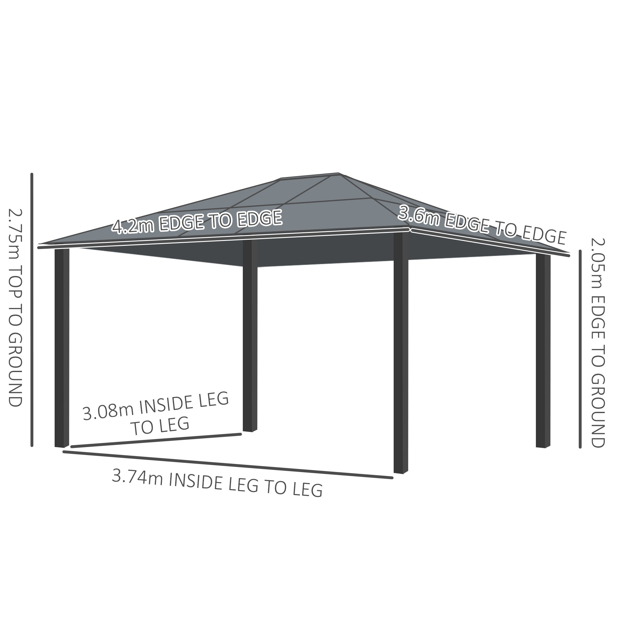 Outsunny 3.6 x 4m Hardtop Gazebo Canopy with Polycarbonate Roof and Aluminium Frame, Garden Pavilion with Mosquito Netting and Curtains - North Peak Garden Furniture