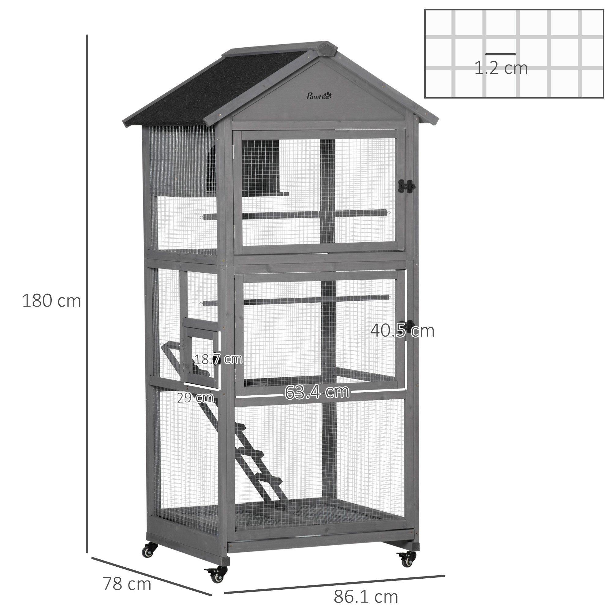 PawHut Bird Cage budgie cage Wooden Outdoor Aviary with Wheels  for Canary Finch with Asphalt Roof Perch Nest Ladder Slide-out Tray, Grey