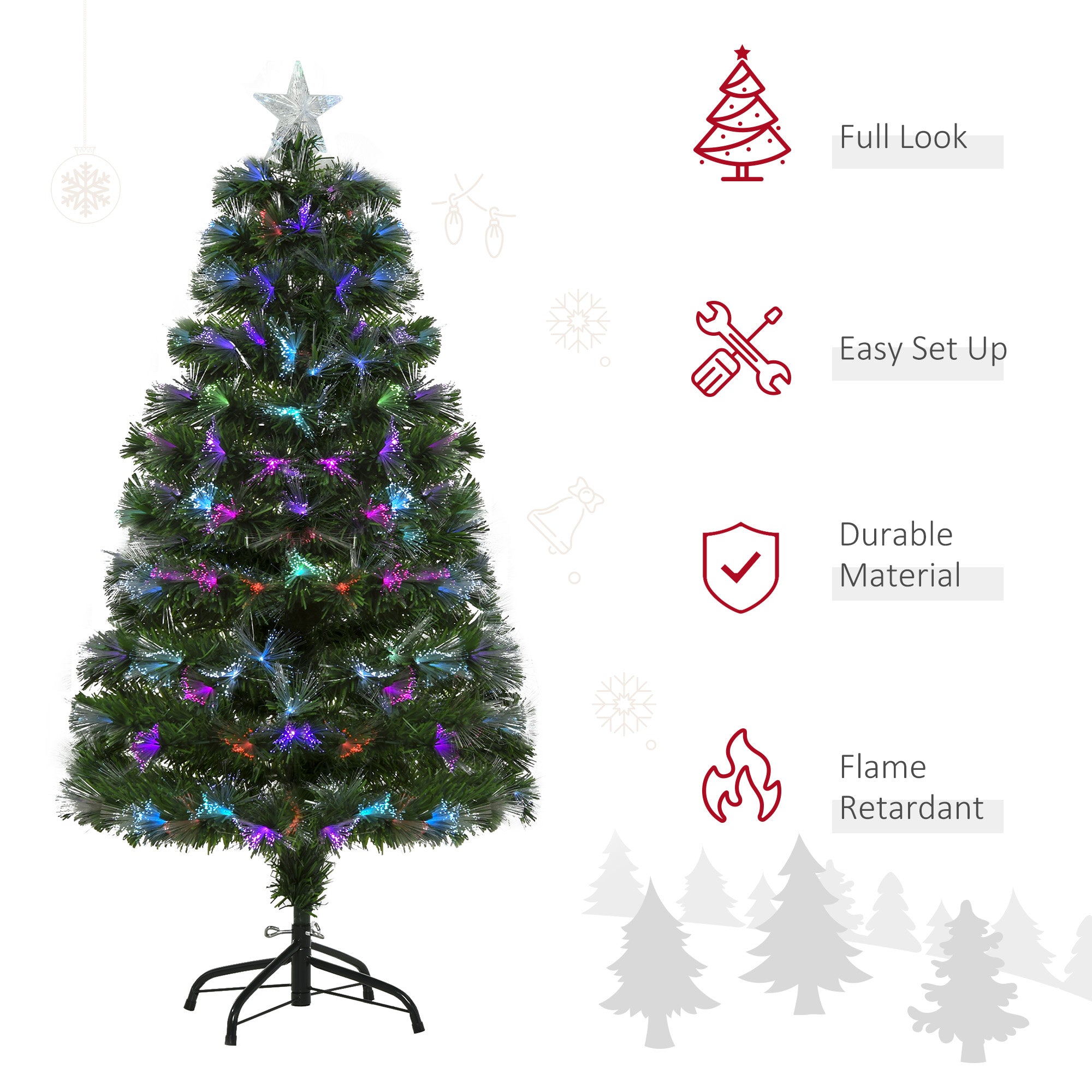 HOMCOM 4FT Multicoloured Artificial Christmas Tree w/ Fibre Optic Lights Pre-Lit Modes Metal Stand Star Holder Home Seasonal Decoration - North Peak Garden Furniture