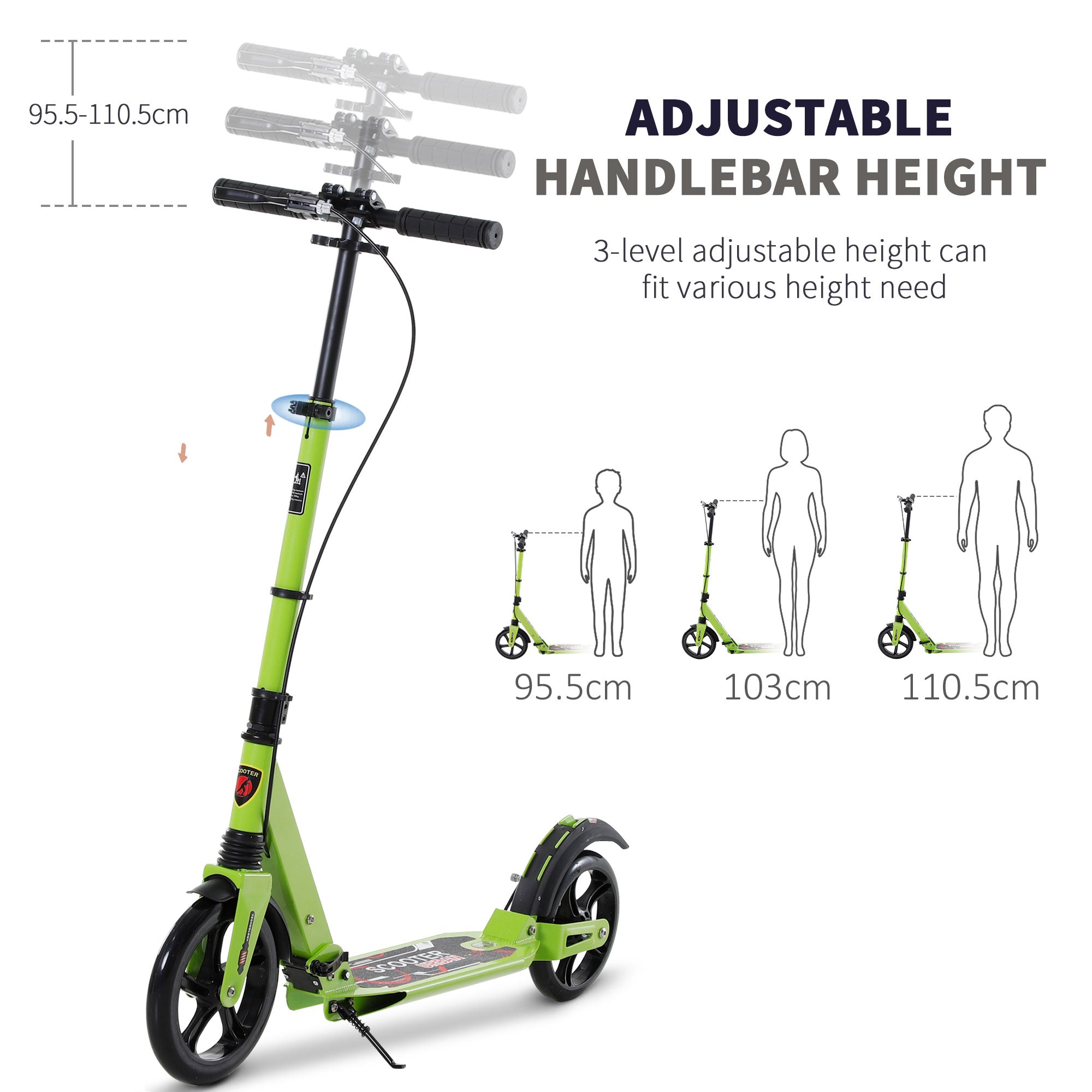 HOMCOM Kick Scooter, Folding 2 Wheel Scooter for 14+ Teens Adults, with Dual Brake System, Dual Suspension, 230mm Big Wheels, 3 Adjustable Handlebar, up to 100KG, Green - North Peak Garden Furniture