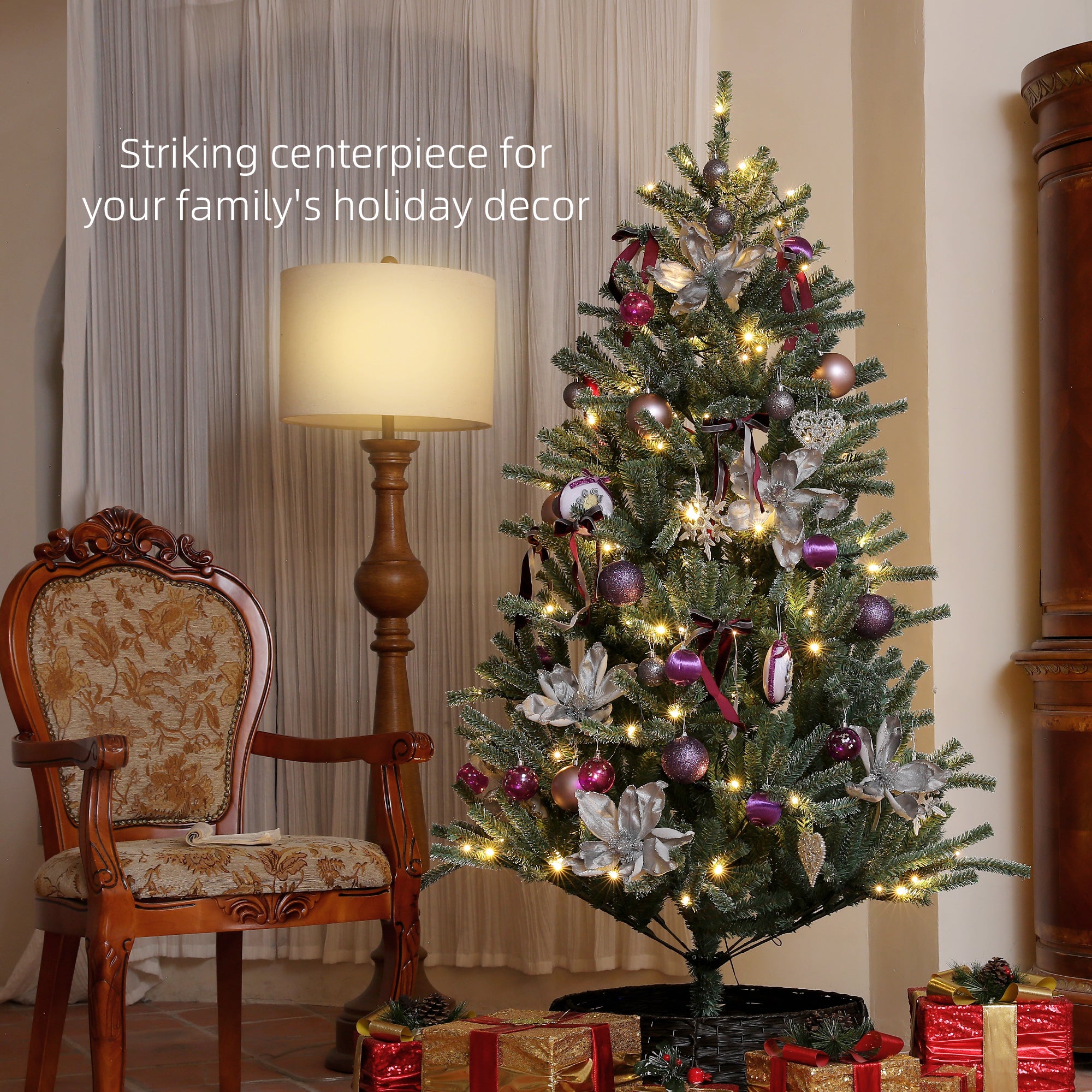 HOMCOM 6ft Artificial Christmas Tree, with Purple Decorations and Lights - North Peak Garden Furniture