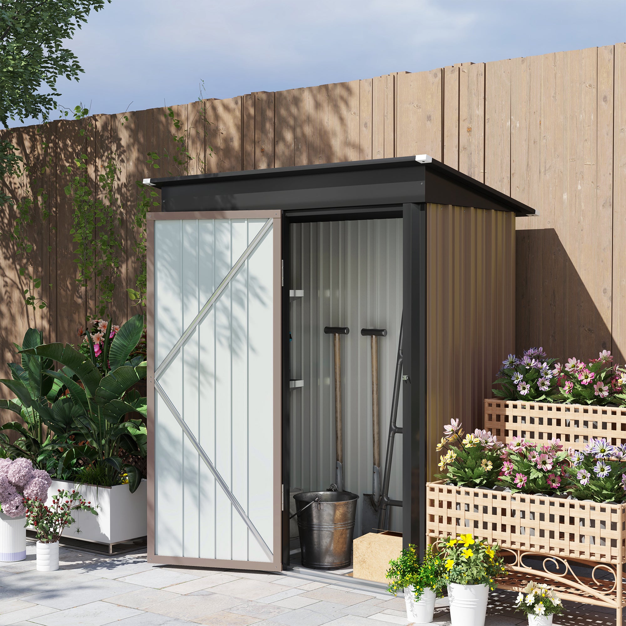 Outsunny Metal Garden Shed, Outdoor Lean-to Shed for Tool Motor Bike, with Adjustable Shelf, Lock, Gloves, 5'x3'x6', Brown - North Peak Garden Furniture