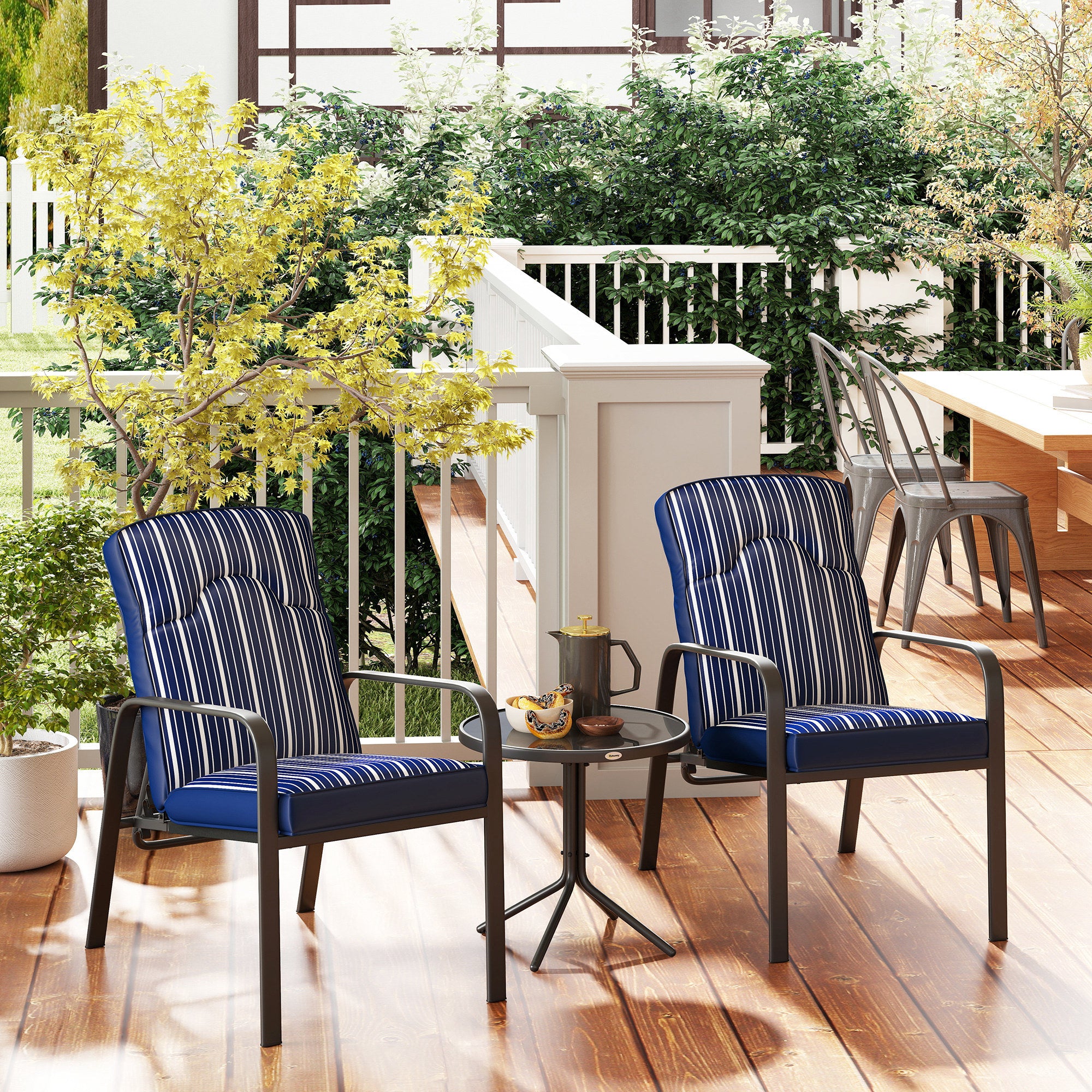 Outsunny 3-Piece Patio Bistro Set, 5-Position Adjustable Recliner Garden Chairs and Tempered Glass Table, Garden Furniture Set with Cushions, High Back, Armrests, Metal Frame for Balcony Patio, Blue - North Peak Garden Furniture