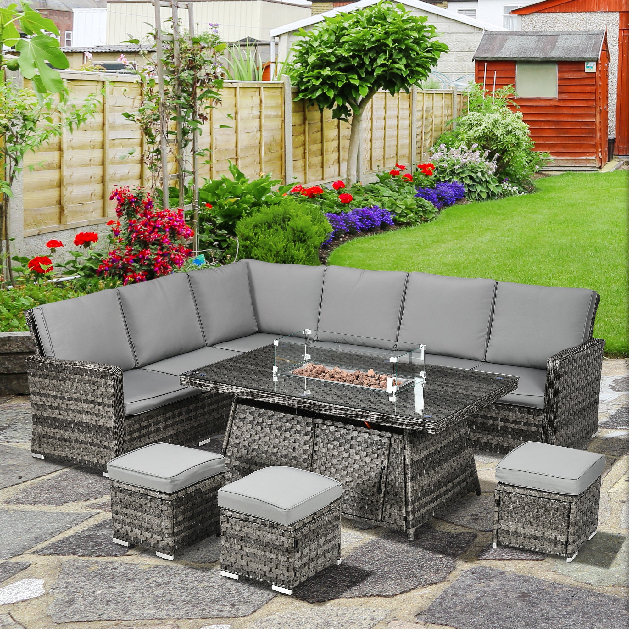 Outsunny 7 Pieces PE Rattan Garden Furniture Set, 50,000 BTU Gas Fire Pit Table, Double Corner Sofa and 3 Footstools, 6 Seater Furniture Sofa Sets with Cushions for Conservatory, Grey