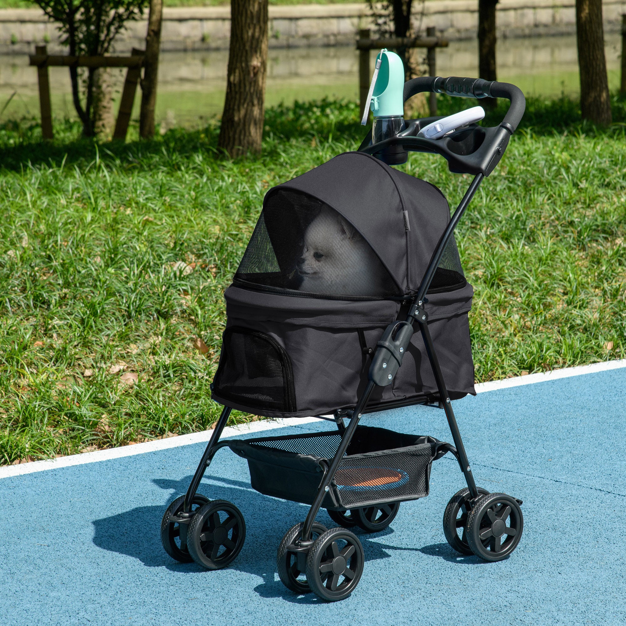 PawHut Dog Pram Dog Stroller Foldable Pet Pushchair with 4 Wheels, Safety Leashes, Cup Holder for Small Dogs, Black - North Peak Garden Furniture