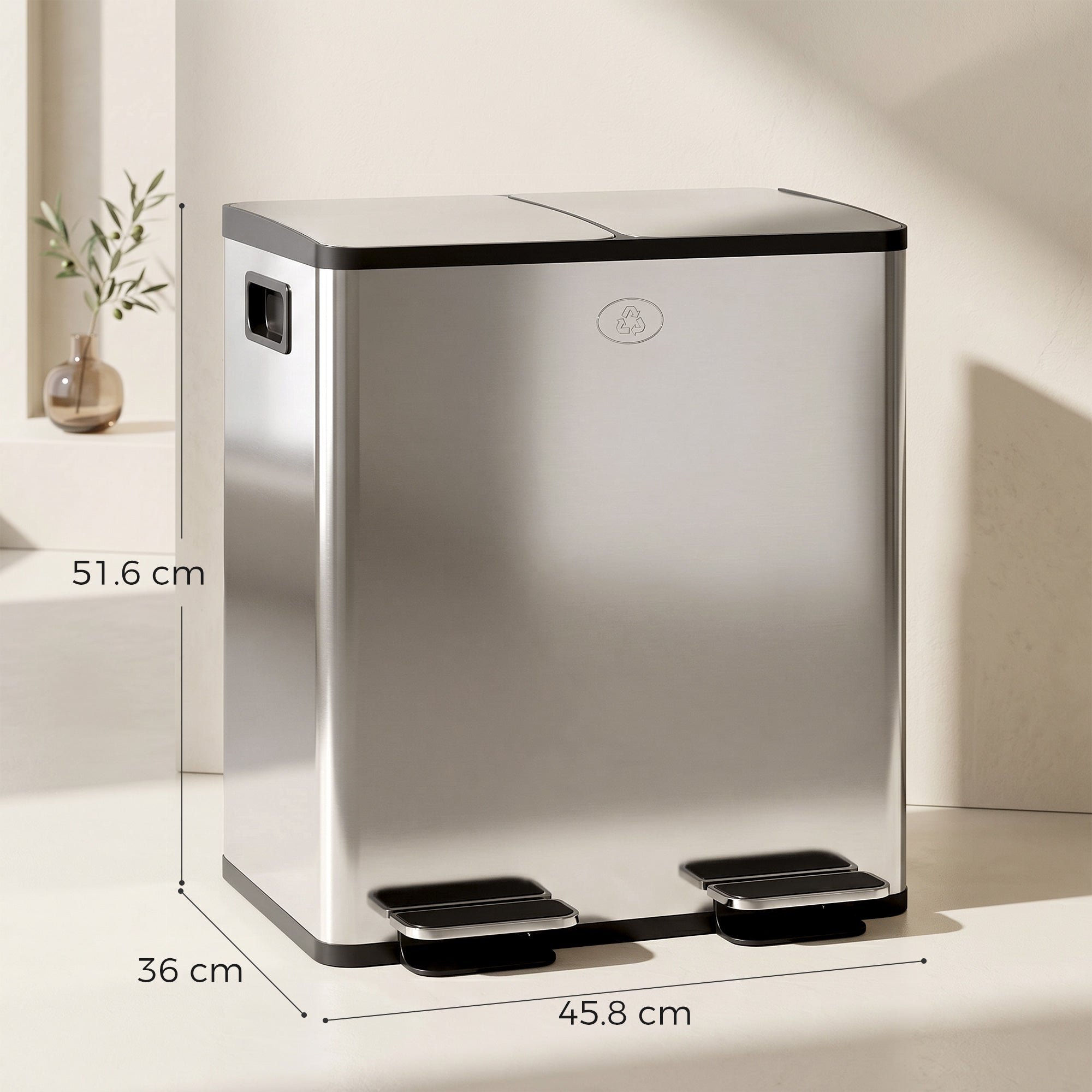HOMCOM 40L Dual Compartment Stainless Steel Bin, with Deodoriser Holders - Silver Tone