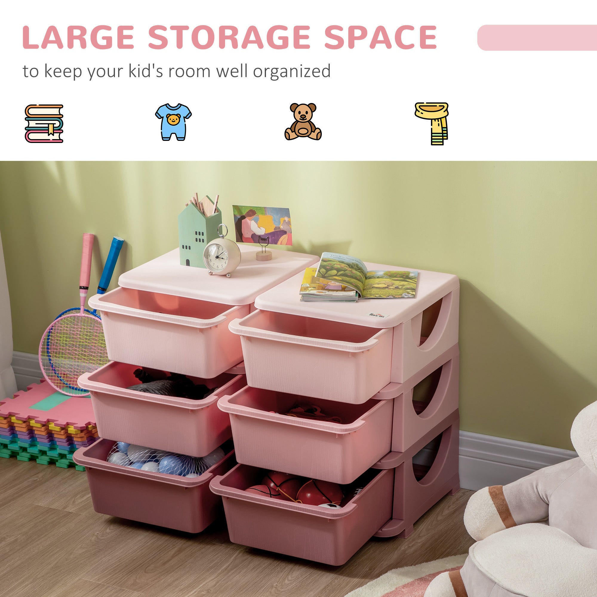 HOMCOM Kids Storage Unit, with Six Drawers - Pink