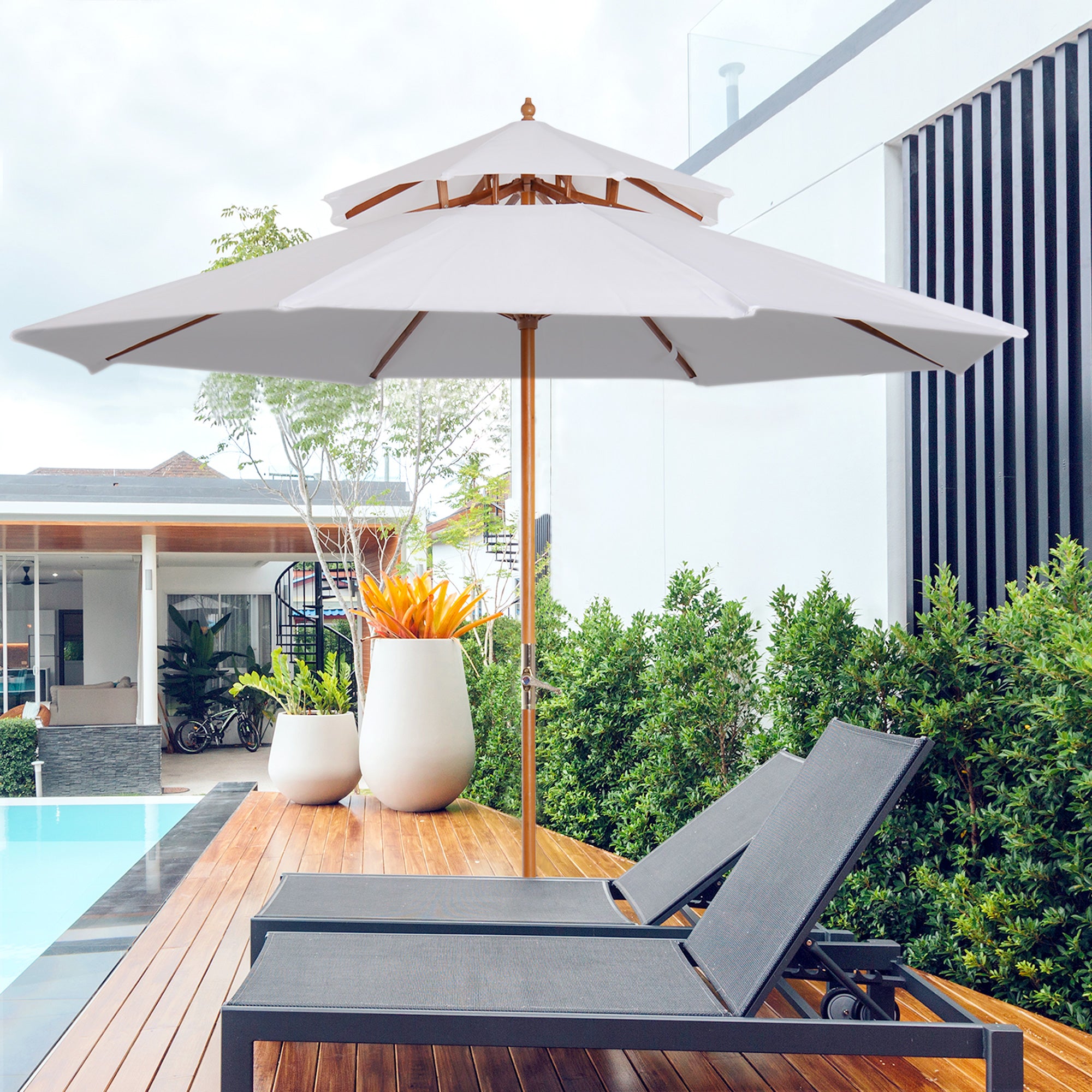 Outsunny 2.7m Elegant Wooden Frame Parasol Umbrella - Cream White - North Peak Garden Furniture